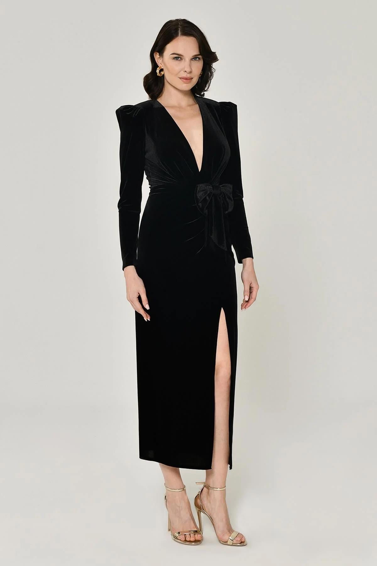 Velvet Deep V Neck Slit Long Evening Dress