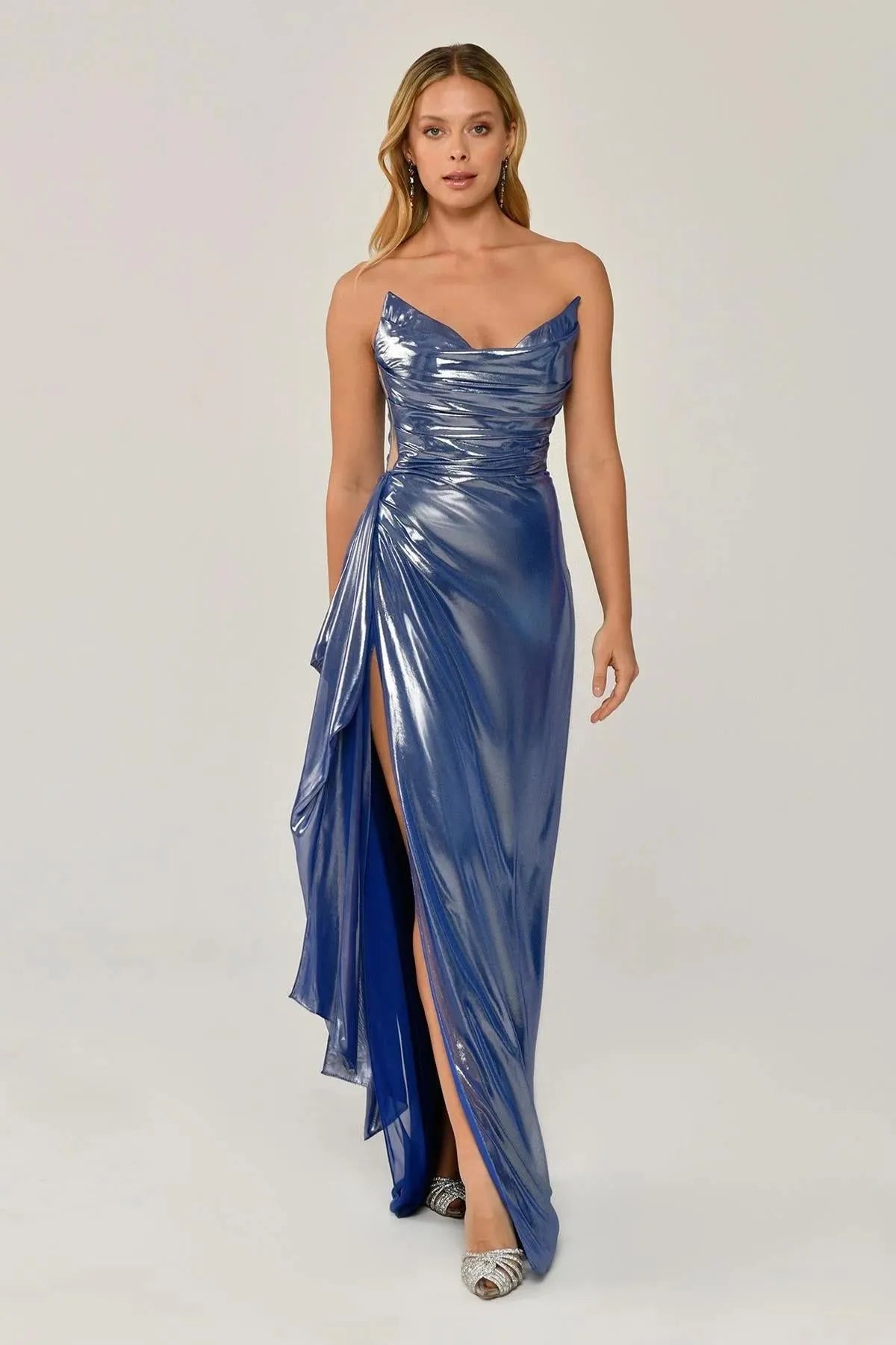 Shiny Fabric Side Slit Long Dress 