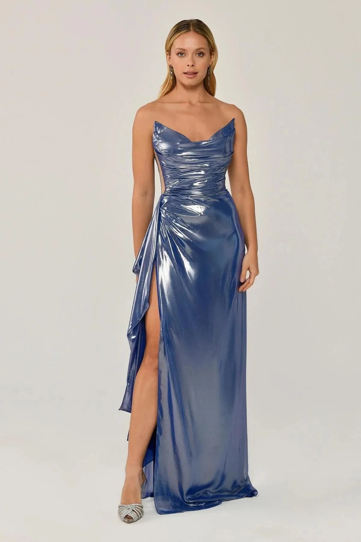 Shiny Fabric Side Slit Long Dress 