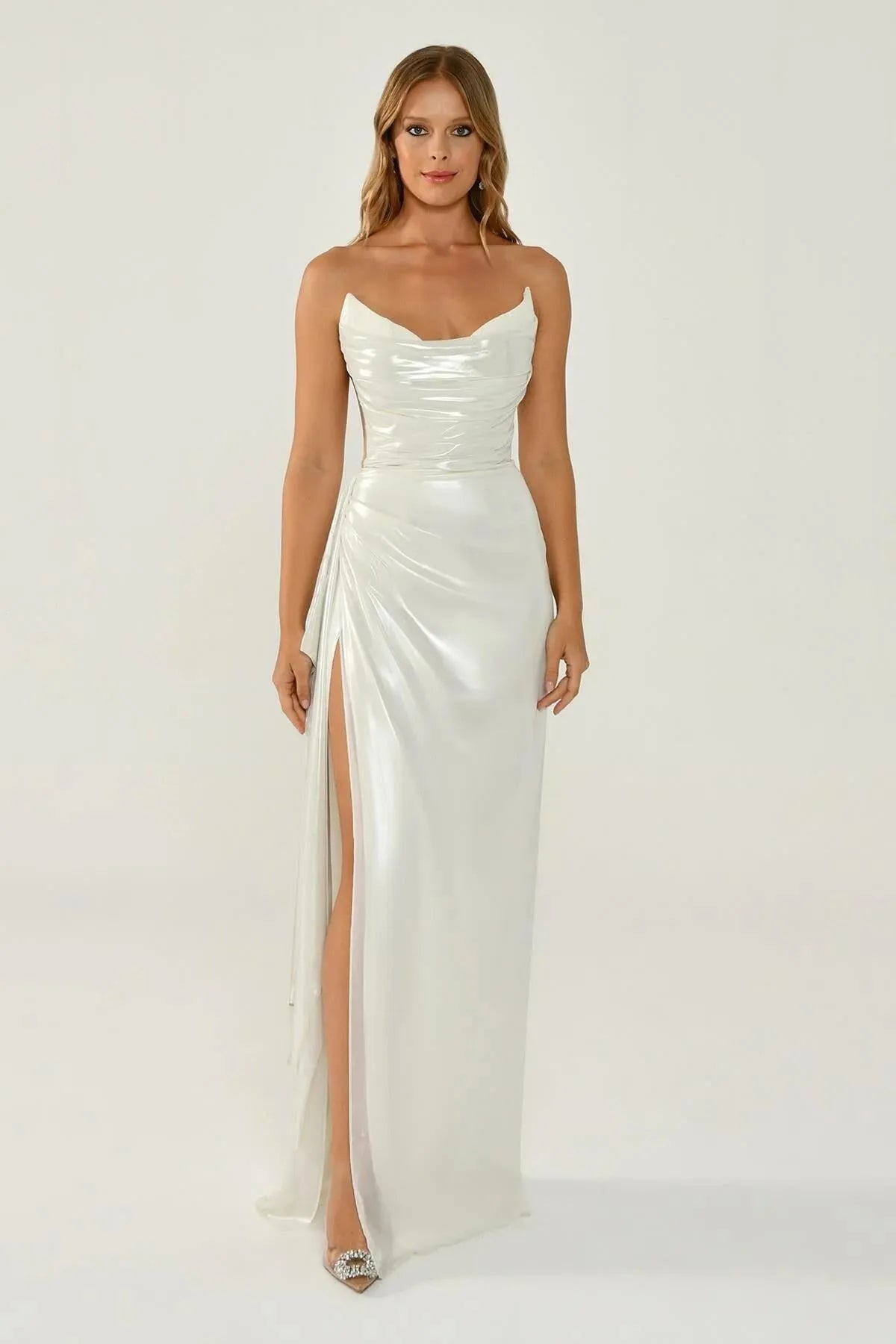 Shiny Fabric Side Slit Long Dress 