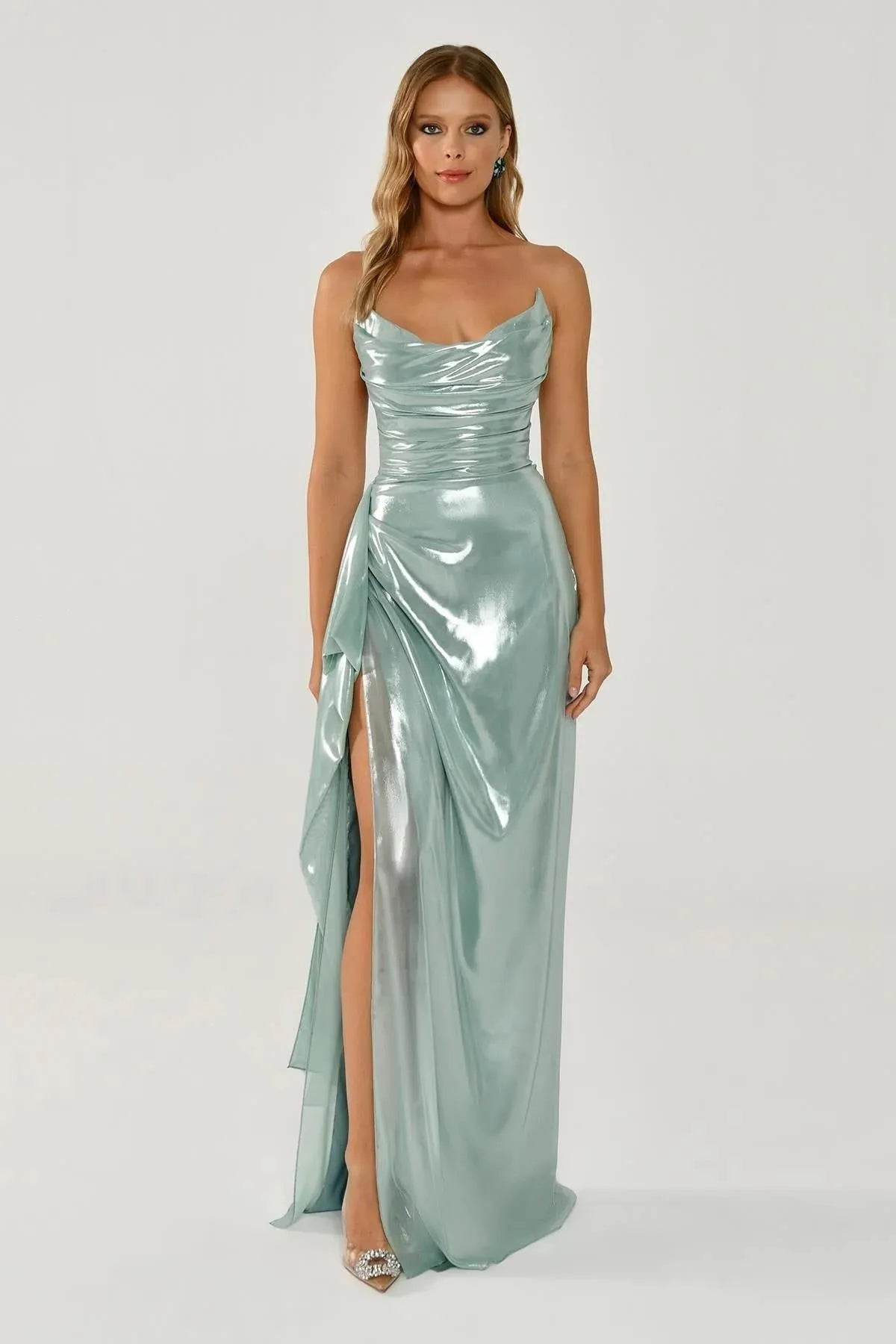 Shiny Fabric Side Slit Long Dress 