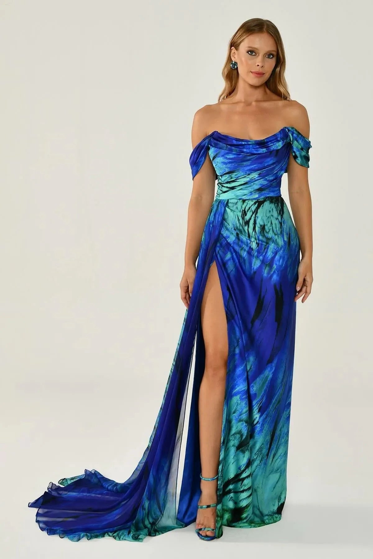 Off Shoulder Front Slit Patterned Satin Long Dress 