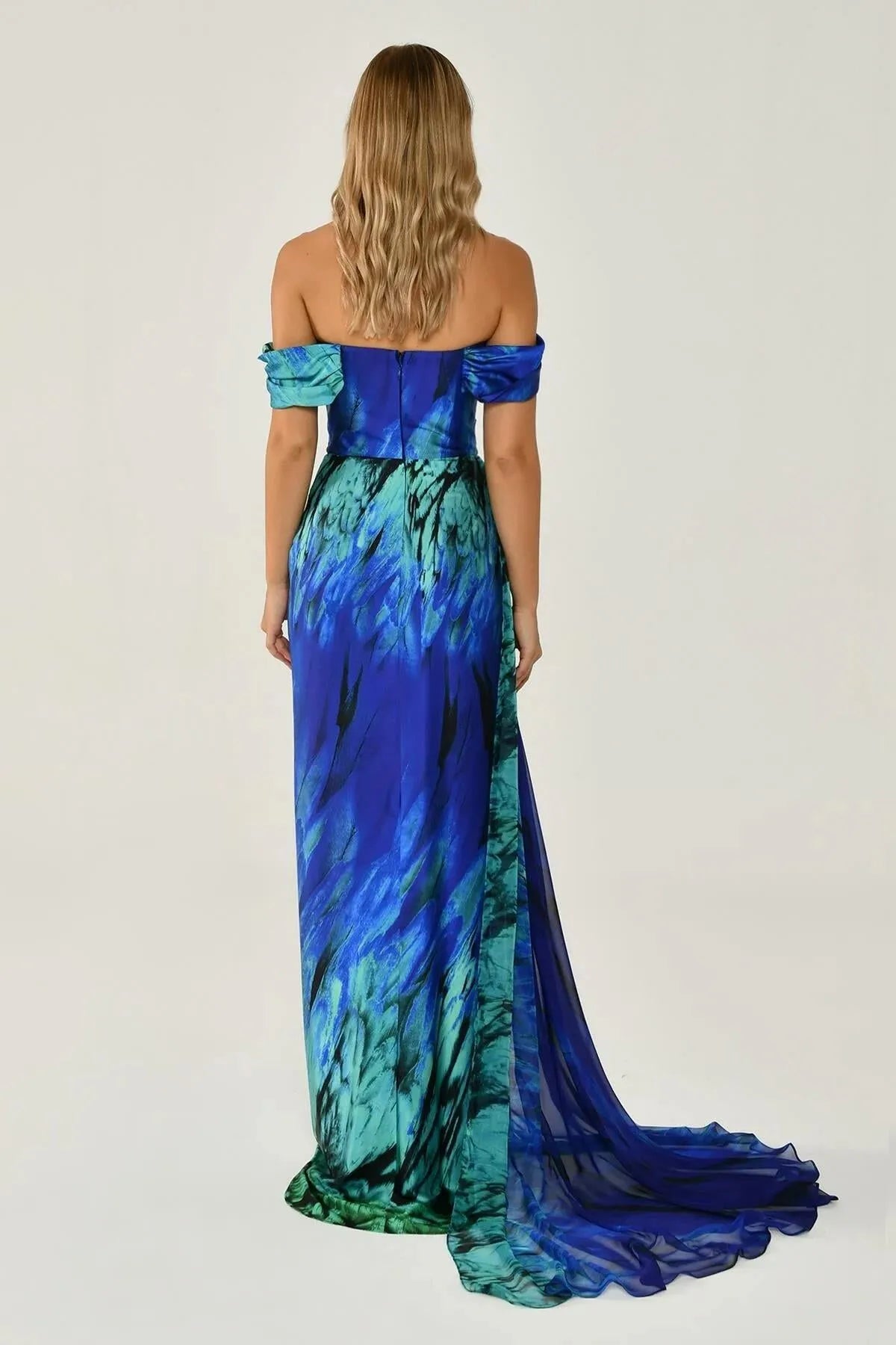 Off Shoulder Front Slit Patterned Satin Long Dress 