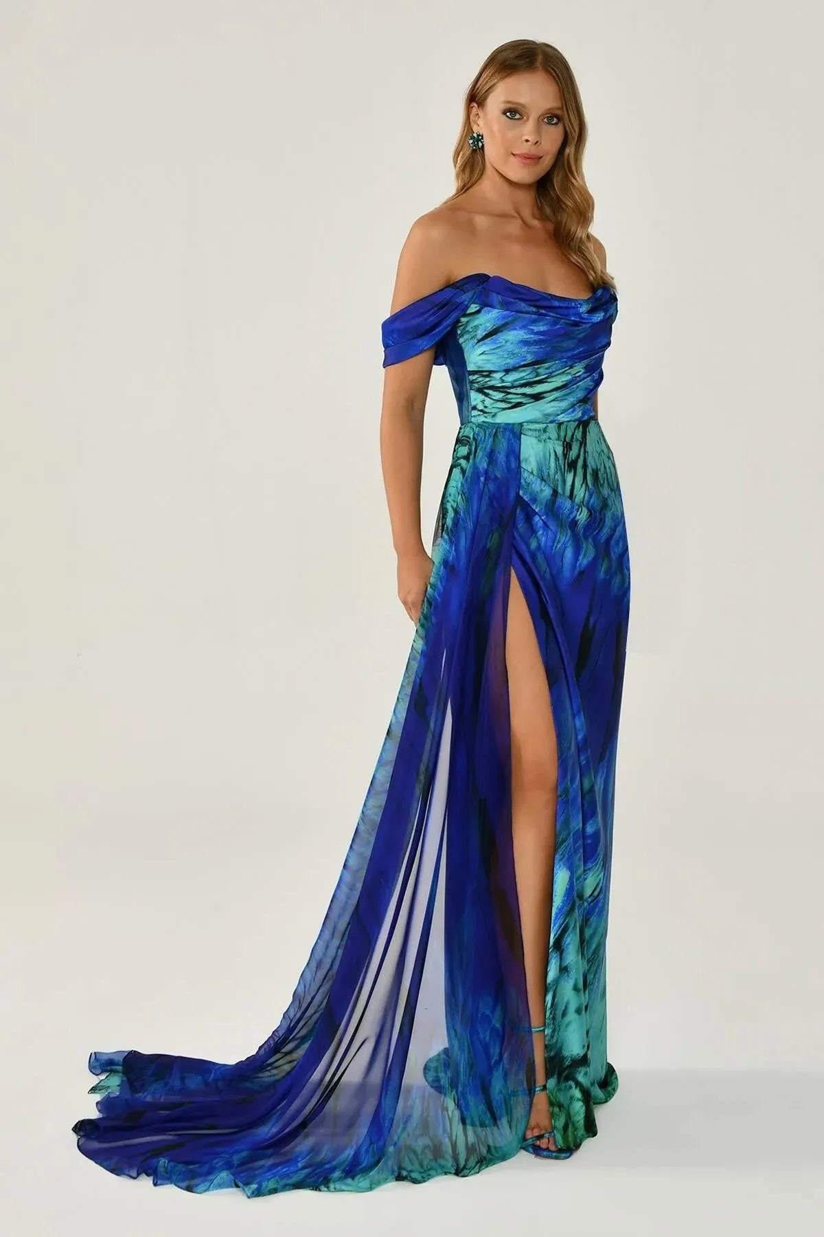 Off Shoulder Front Slit Patterned Satin Long Dress 