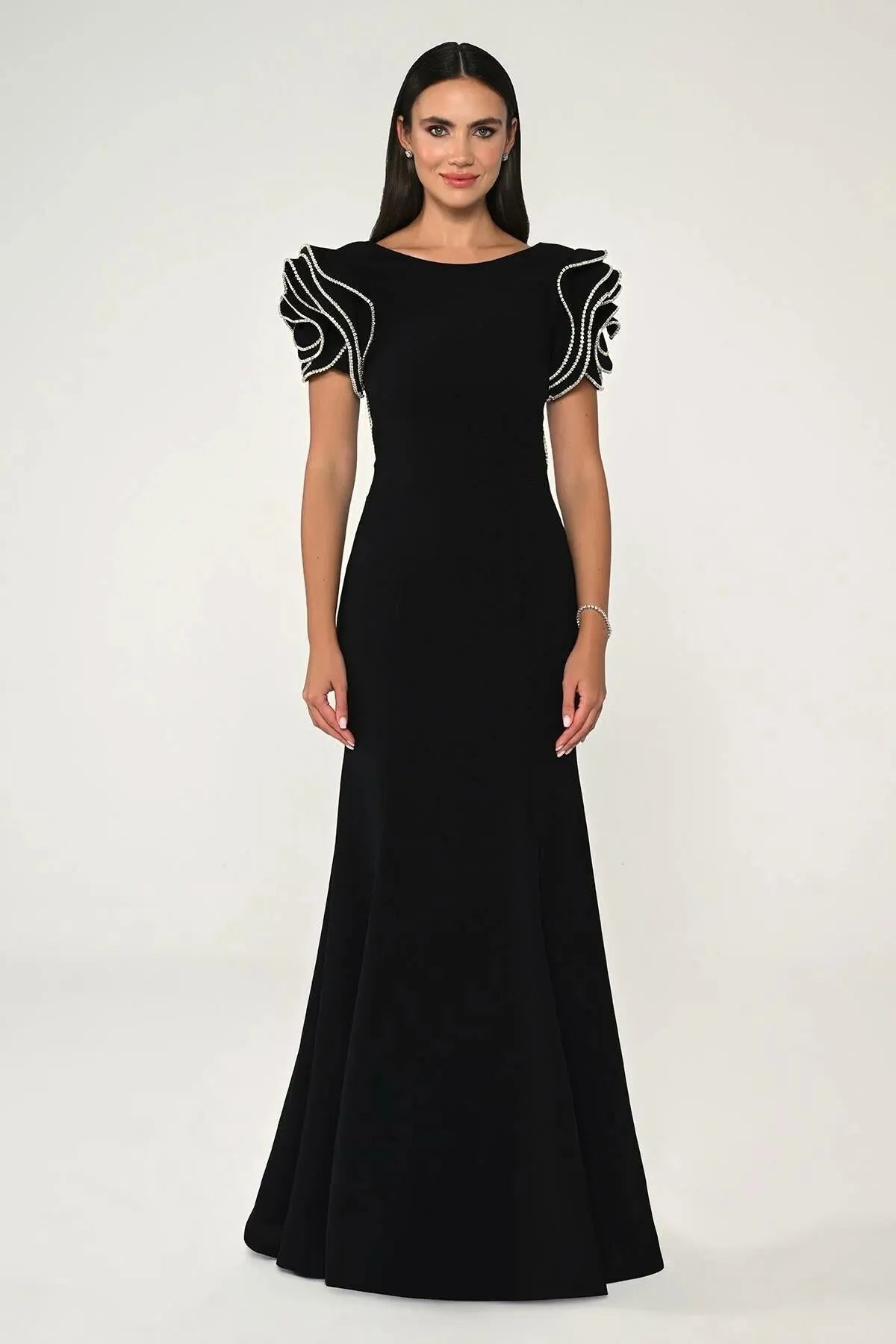 A Cut Crepe Long Dress with Stoned Shoulders