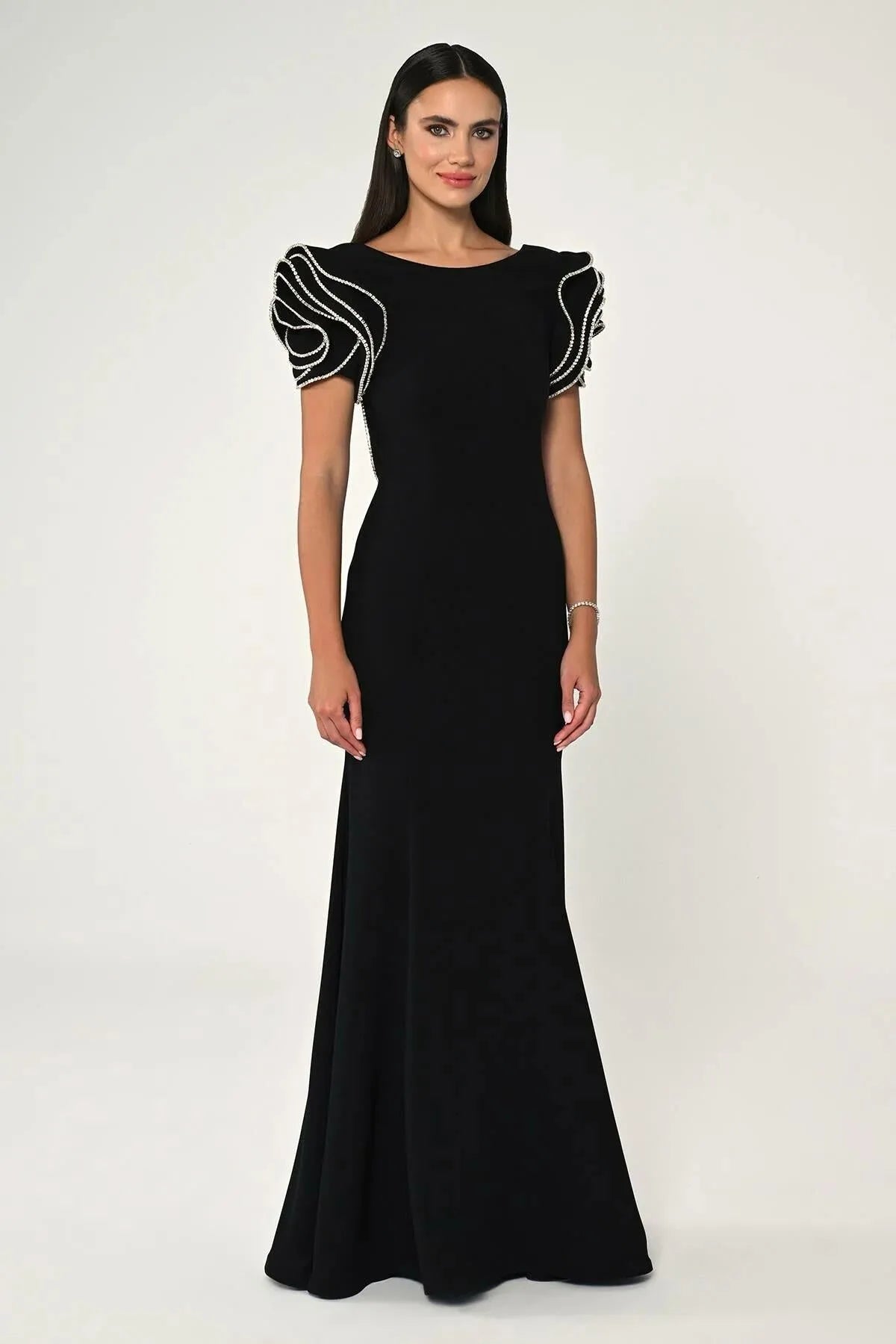 A Cut Crepe Long Dress with Stoned Shoulders