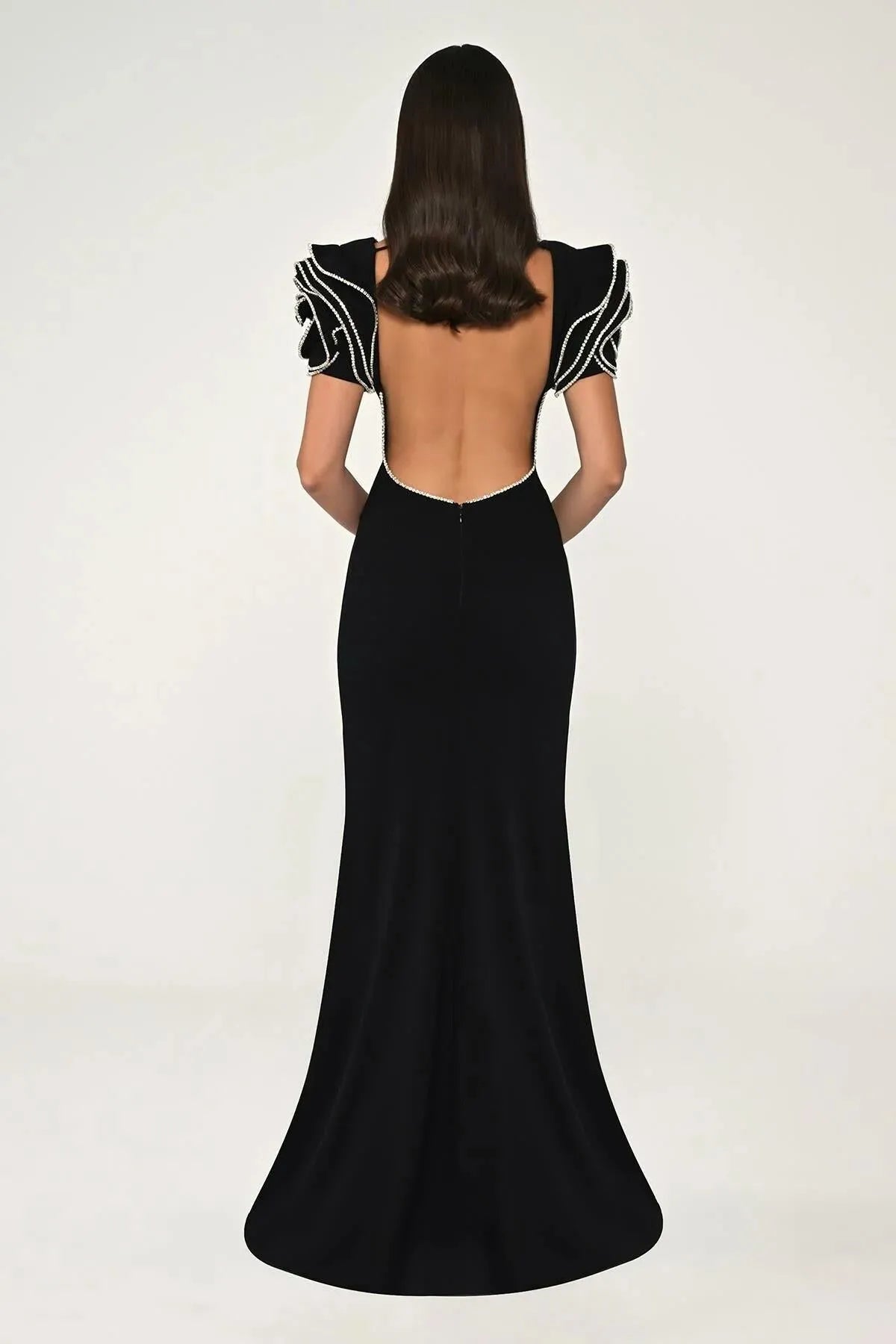 A Cut Crepe Long Dress with Stoned Shoulders