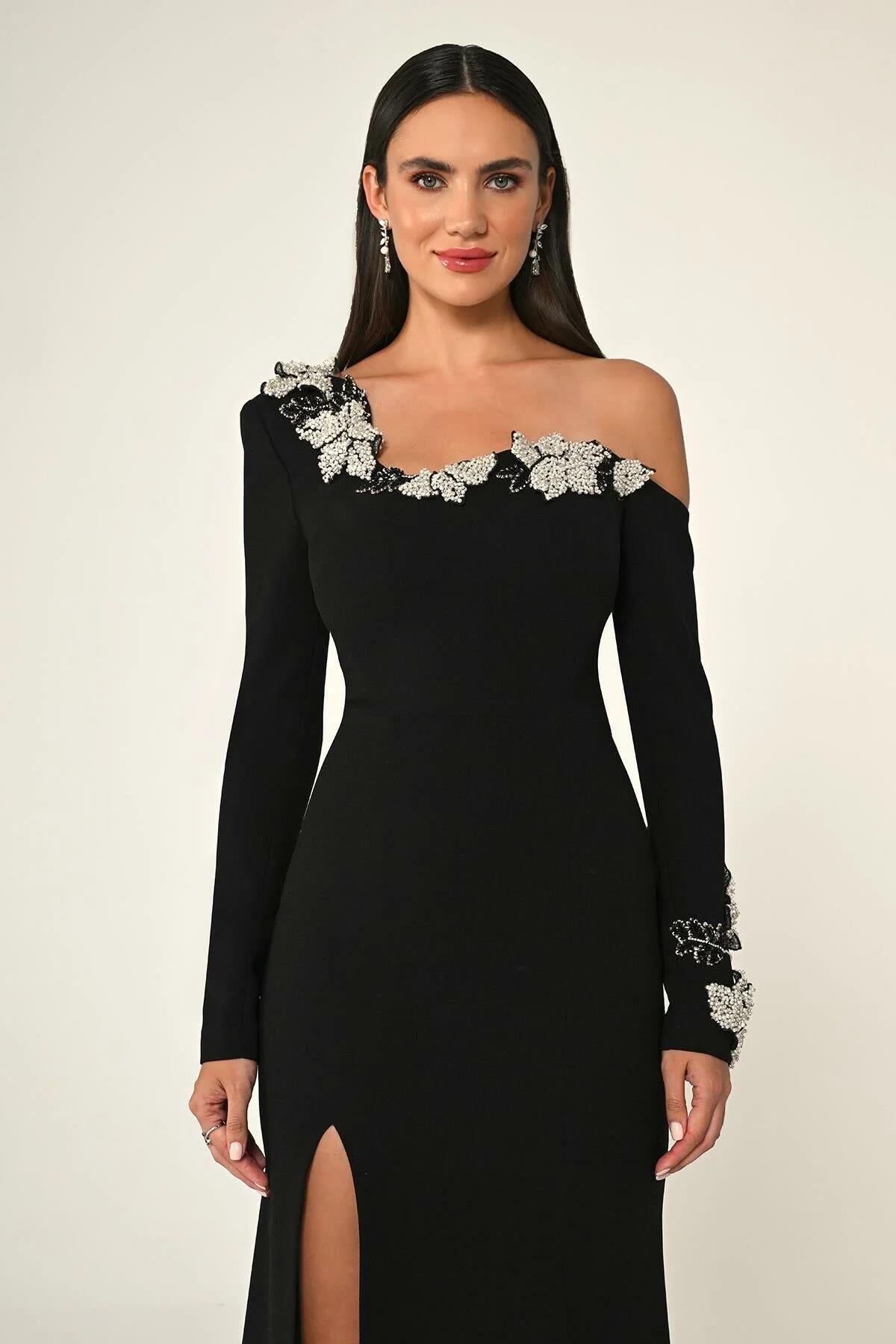 Crepe Long Dress with Long Sleeves and Embroidered Collar Accessories