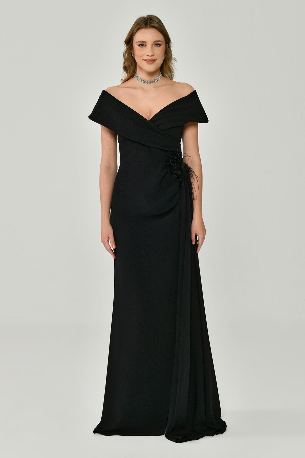 Crepe Long Evening Dress with Floral Waist Accessories