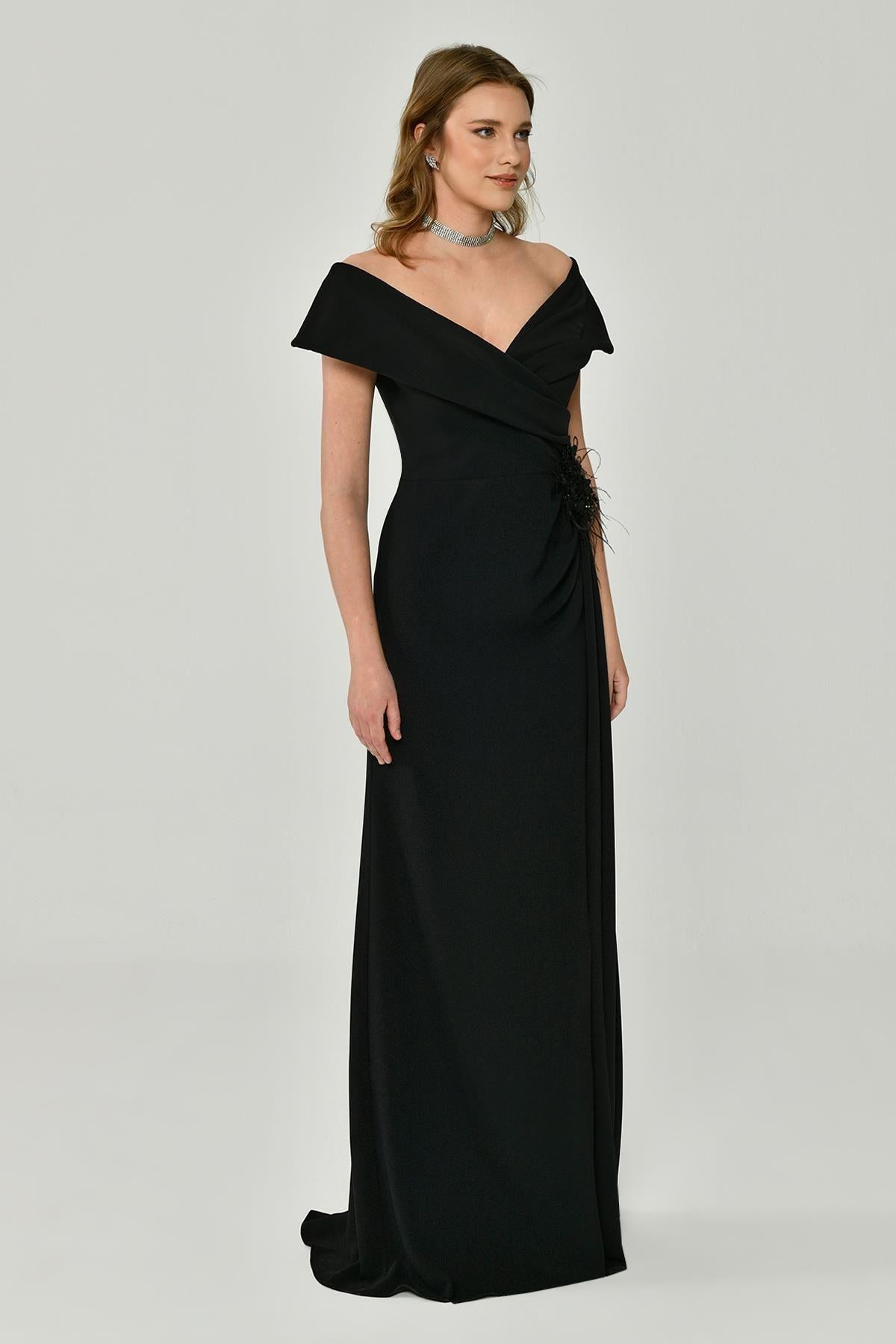 Crepe Long Evening Dress with Floral Waist Accessories