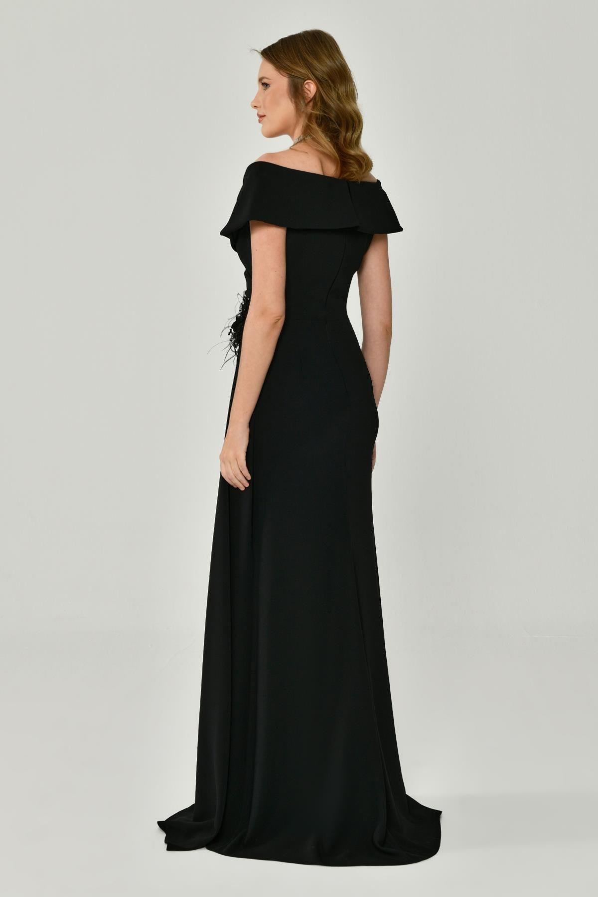 Crepe Long Evening Dress with Floral Waist Accessories