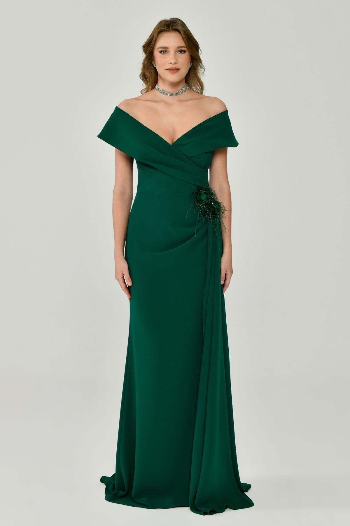 Crepe Long Evening Dress with Floral Waist Accessories