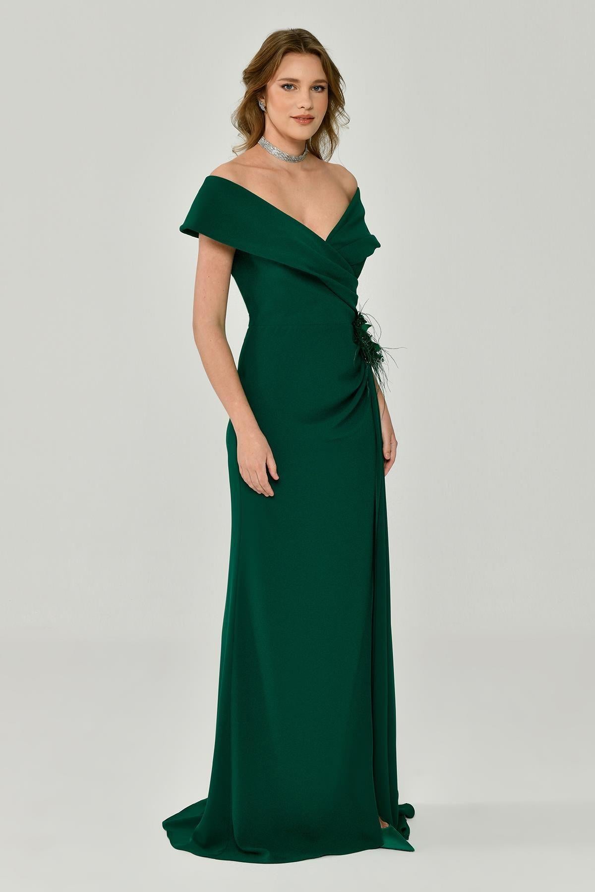 Crepe Long Evening Dress with Floral Waist Accessories