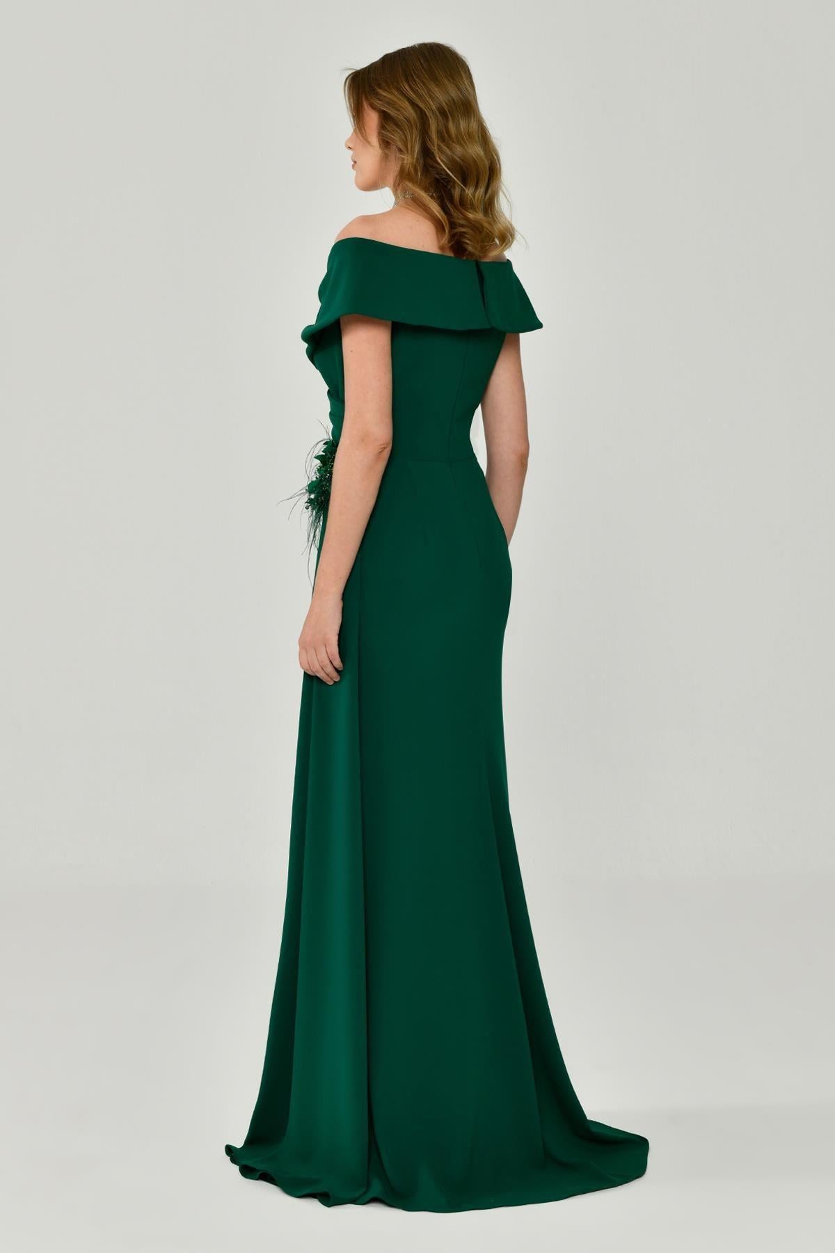 Crepe Long Evening Dress with Floral Waist Accessories