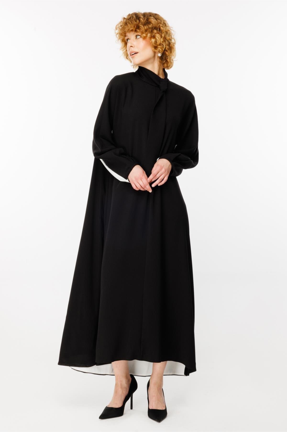 Beyaz Parça Detaylı Kombinli Siyah Elbise - Eser Giyim