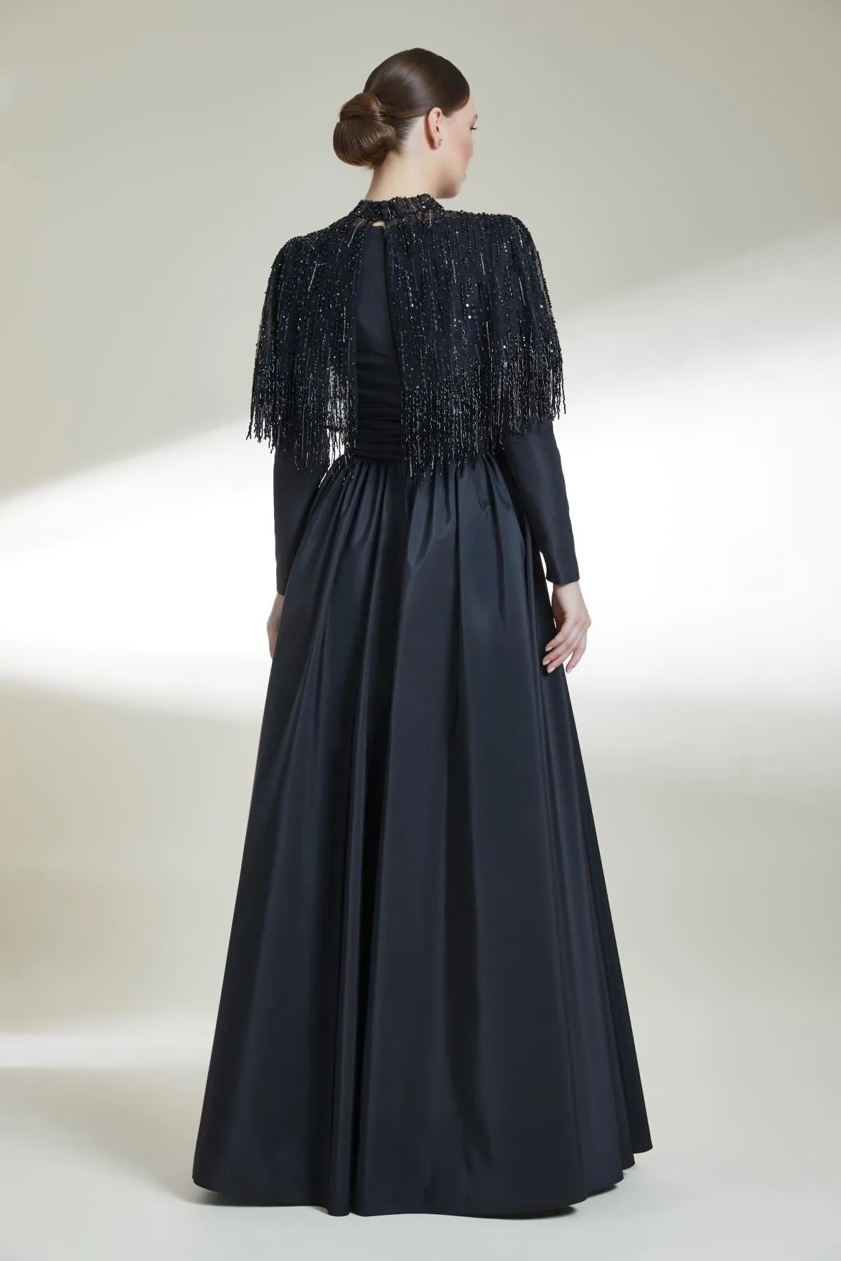 Beaded Cape Taffeta Long Evening Dress