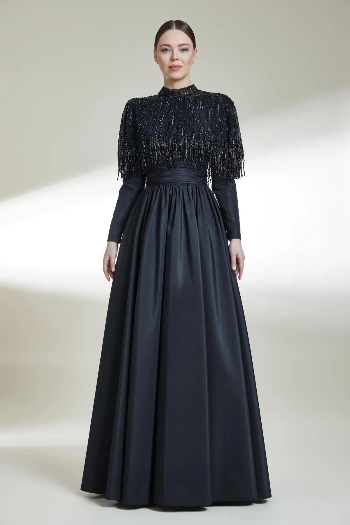 Beaded Cape Taffeta Long Evening Dress