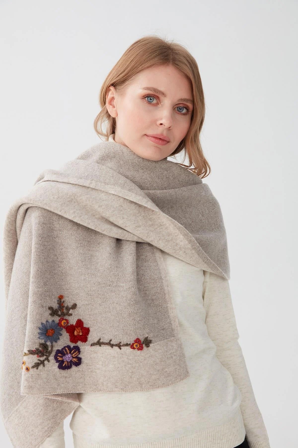 Flower Embroidered Knitted Shawl 