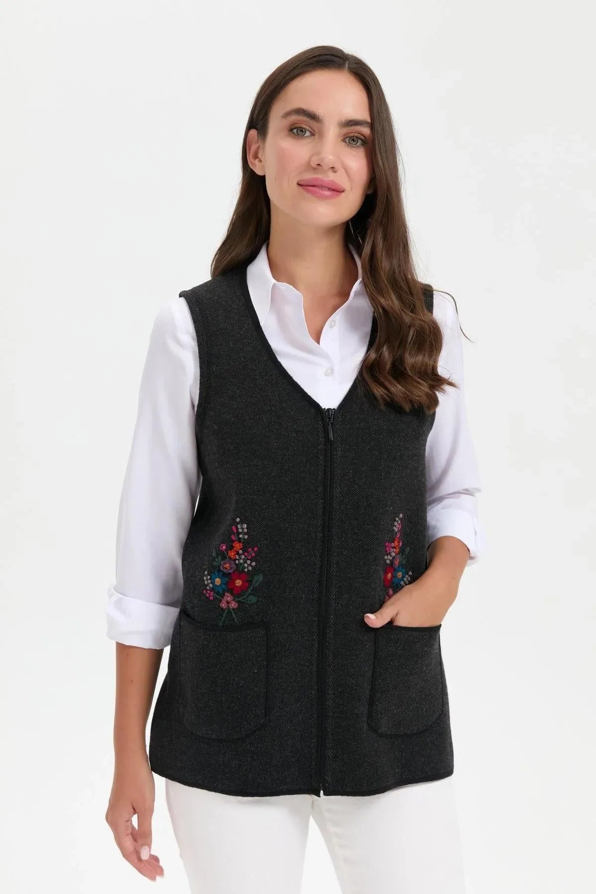 Women's V Neck Pocket Embroidered Wool Vest 