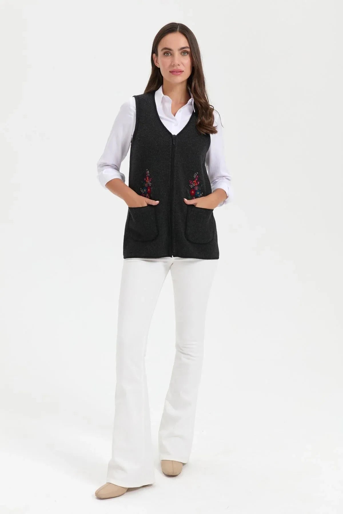 Women's V Neck Pocket Embroidered Wool Vest 