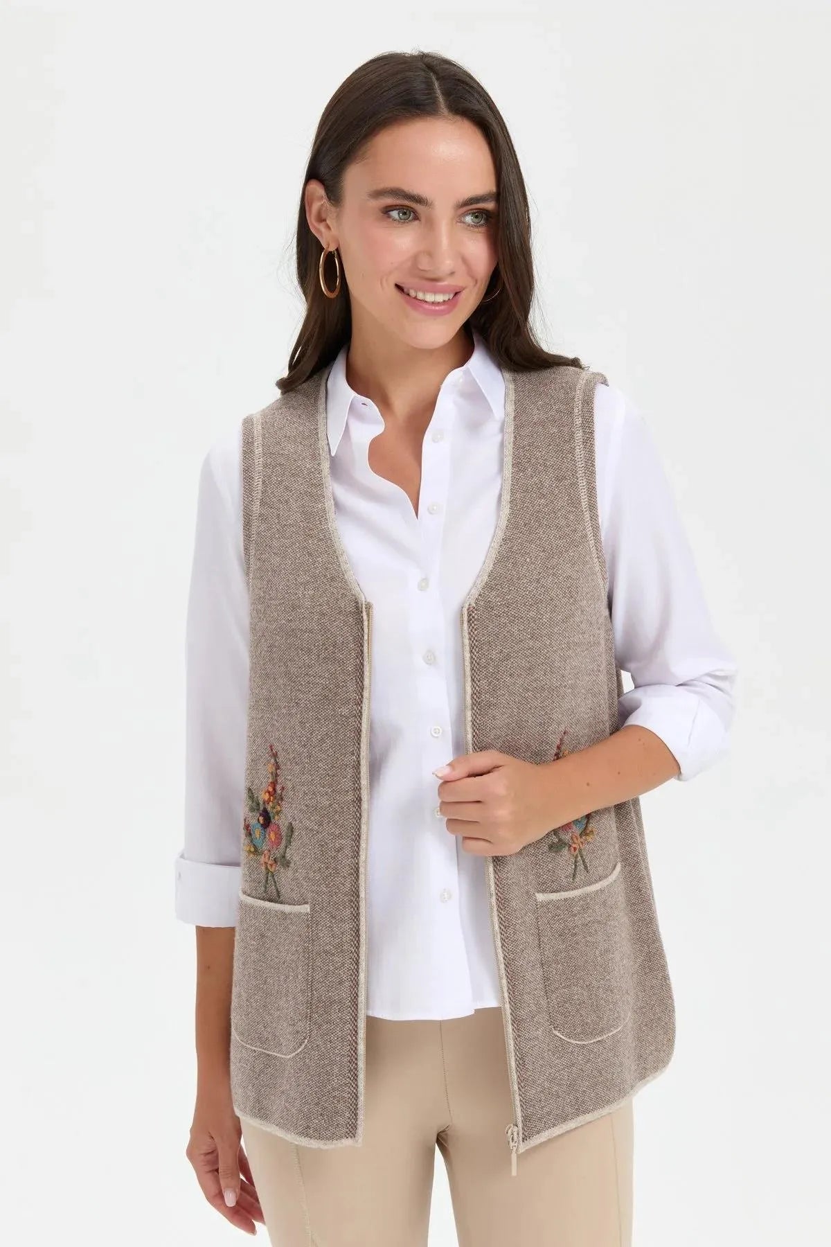 Women's V Neck Pocket Embroidered Wool Vest 