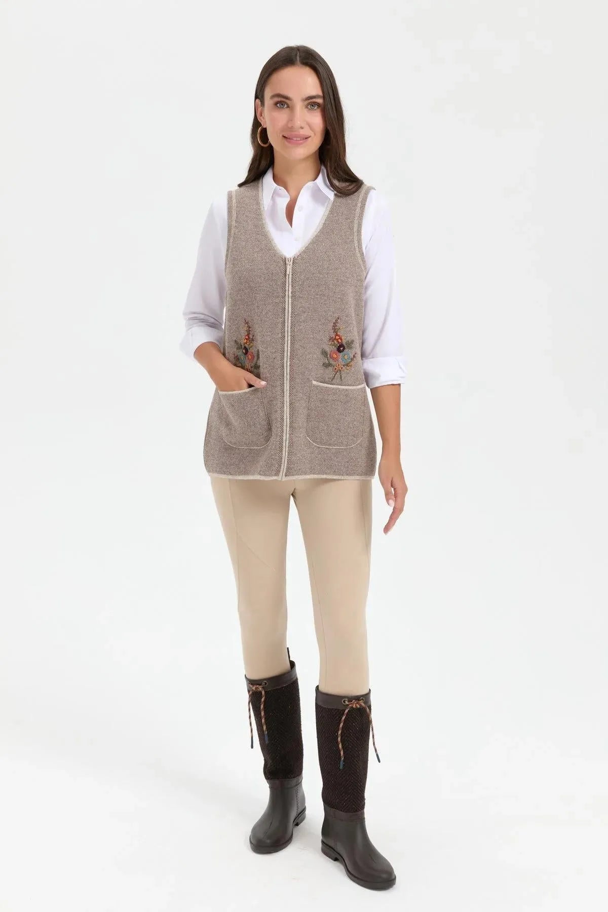 Women's V Neck Pocket Embroidered Wool Vest 