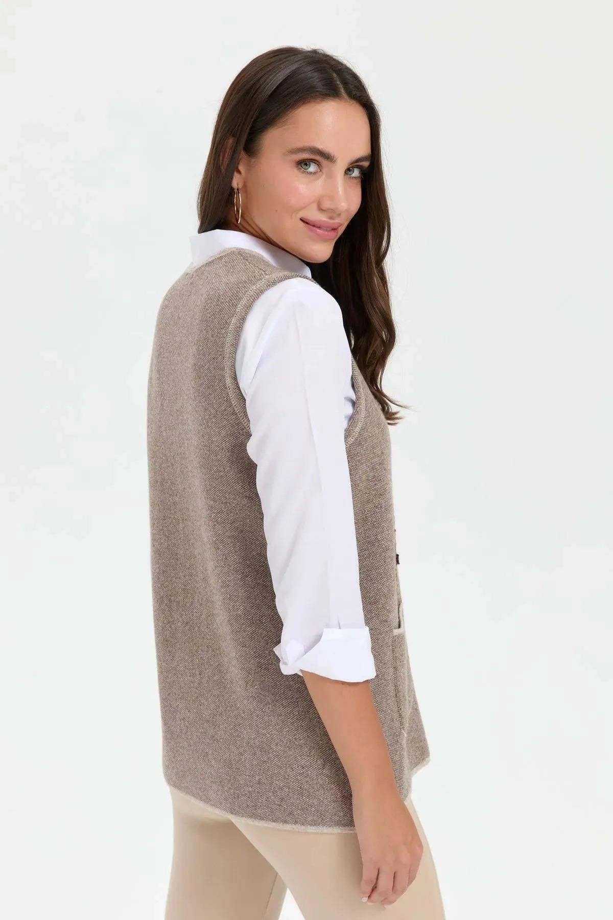 Women's V Neck Pocket Embroidered Wool Vest 