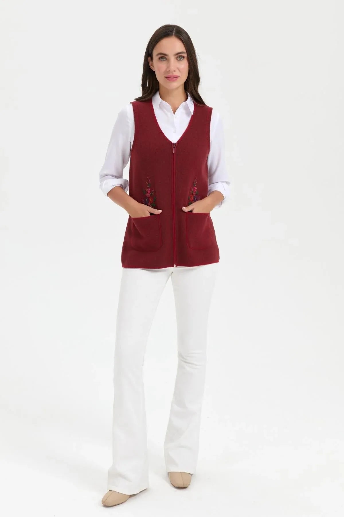 Women's V Neck Pocket Embroidered Wool Vest 