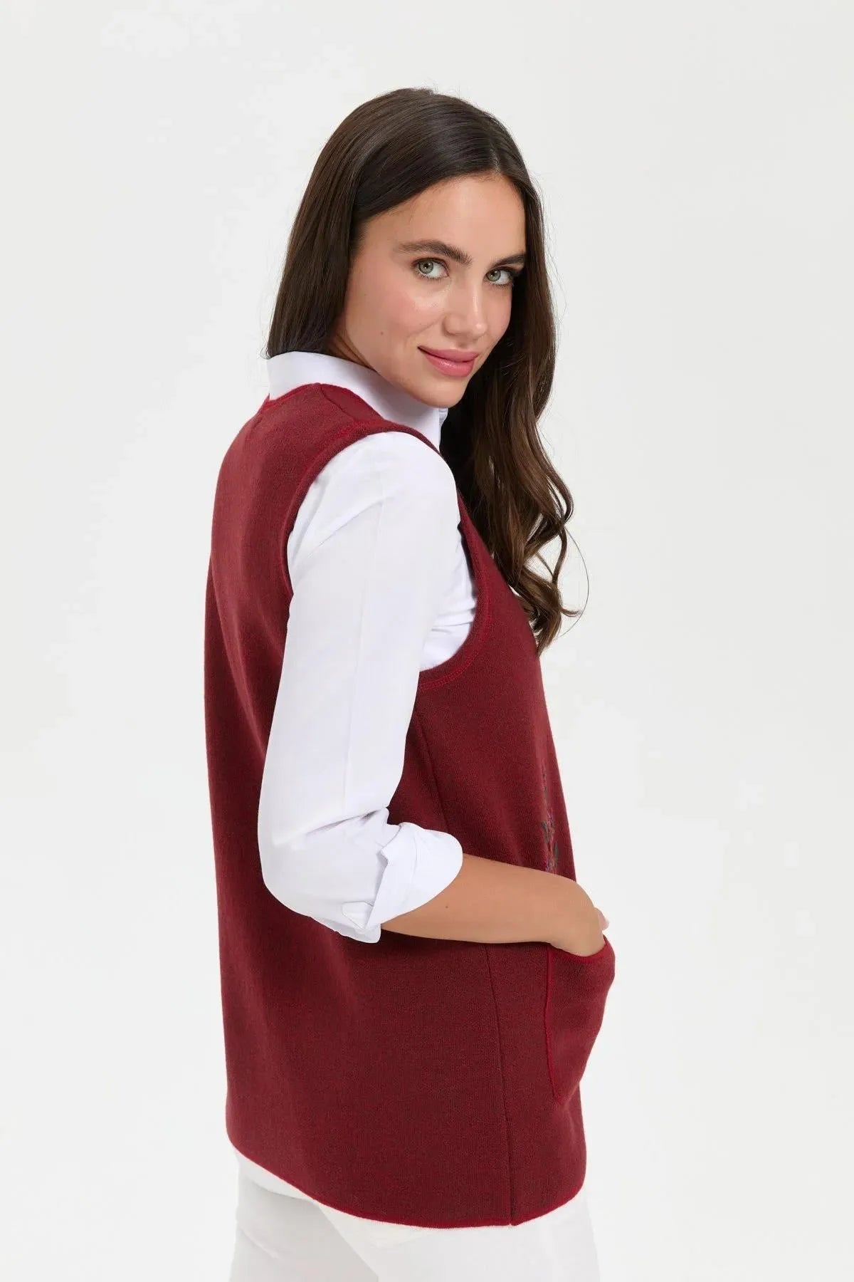 Women's V Neck Pocket Embroidered Wool Vest 