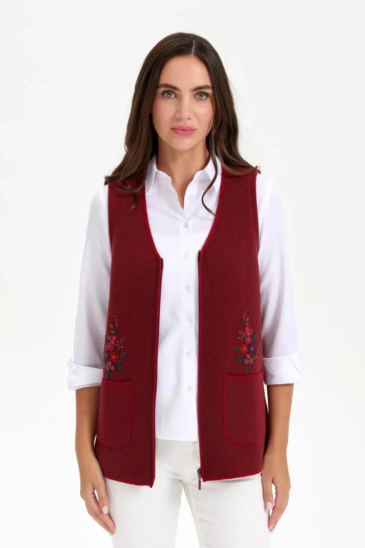 Women's V Neck Pocket Embroidered Wool Vest 