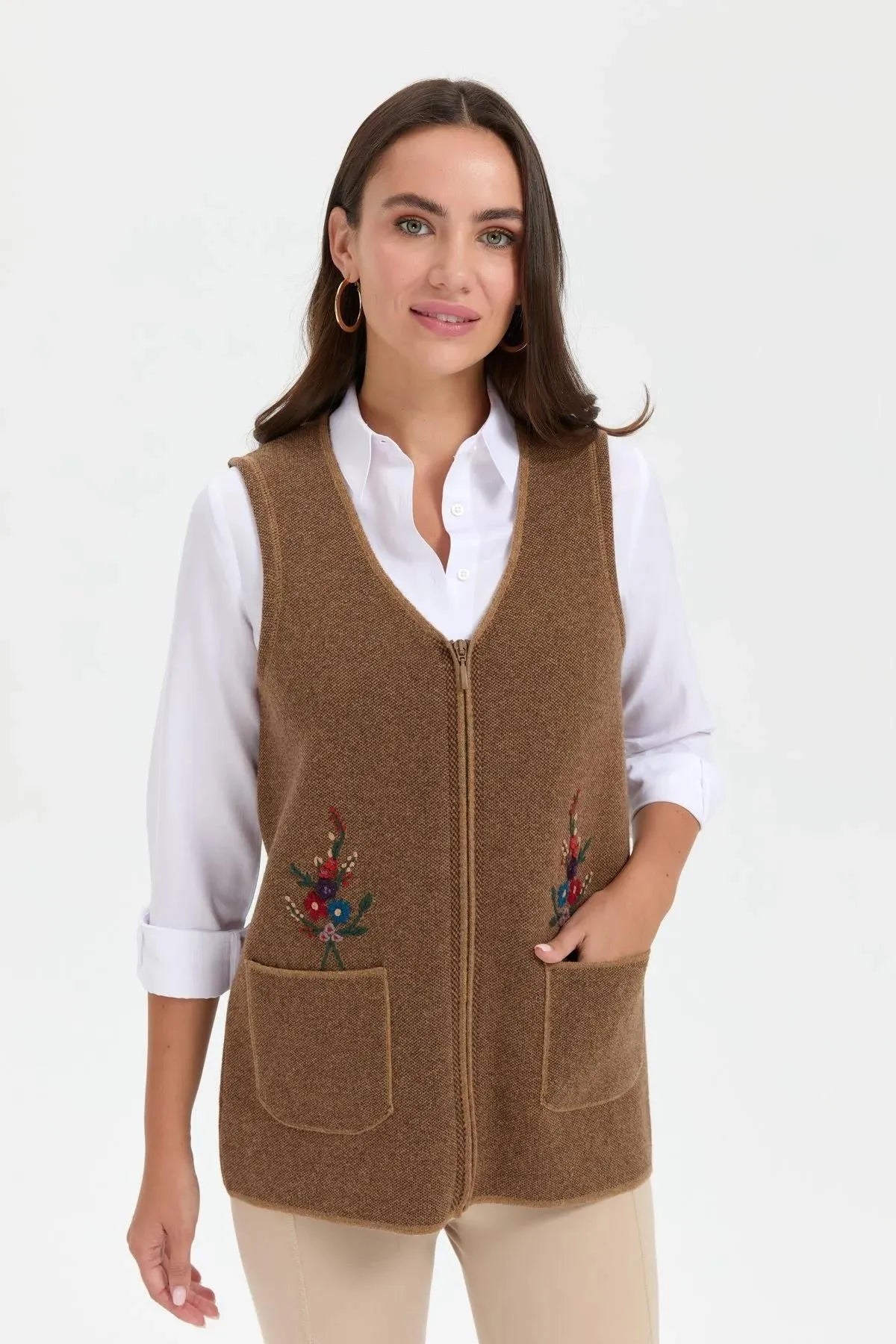 Women's V Neck Pocket Embroidered Wool Vest 