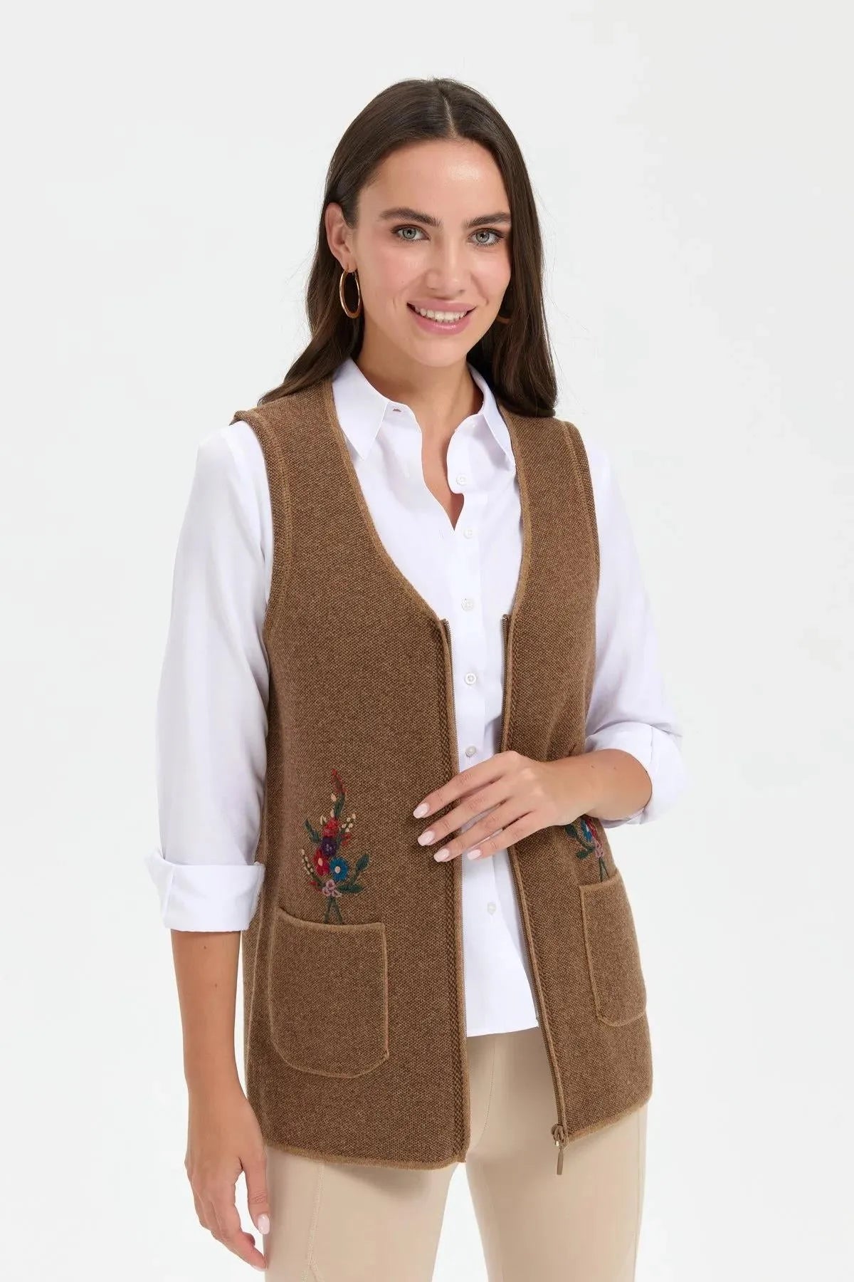 Women's V Neck Pocket Embroidered Wool Vest 