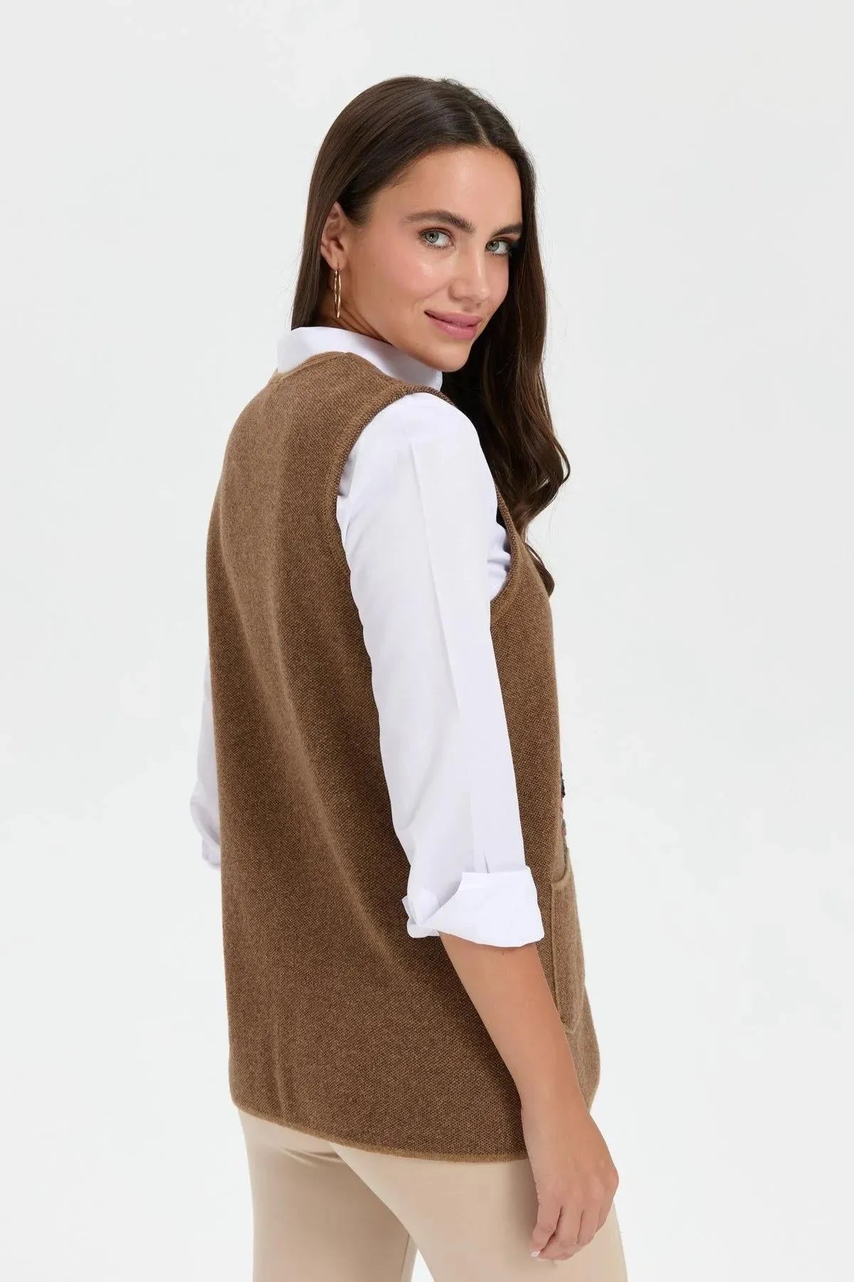 Women's V Neck Pocket Embroidered Wool Vest 