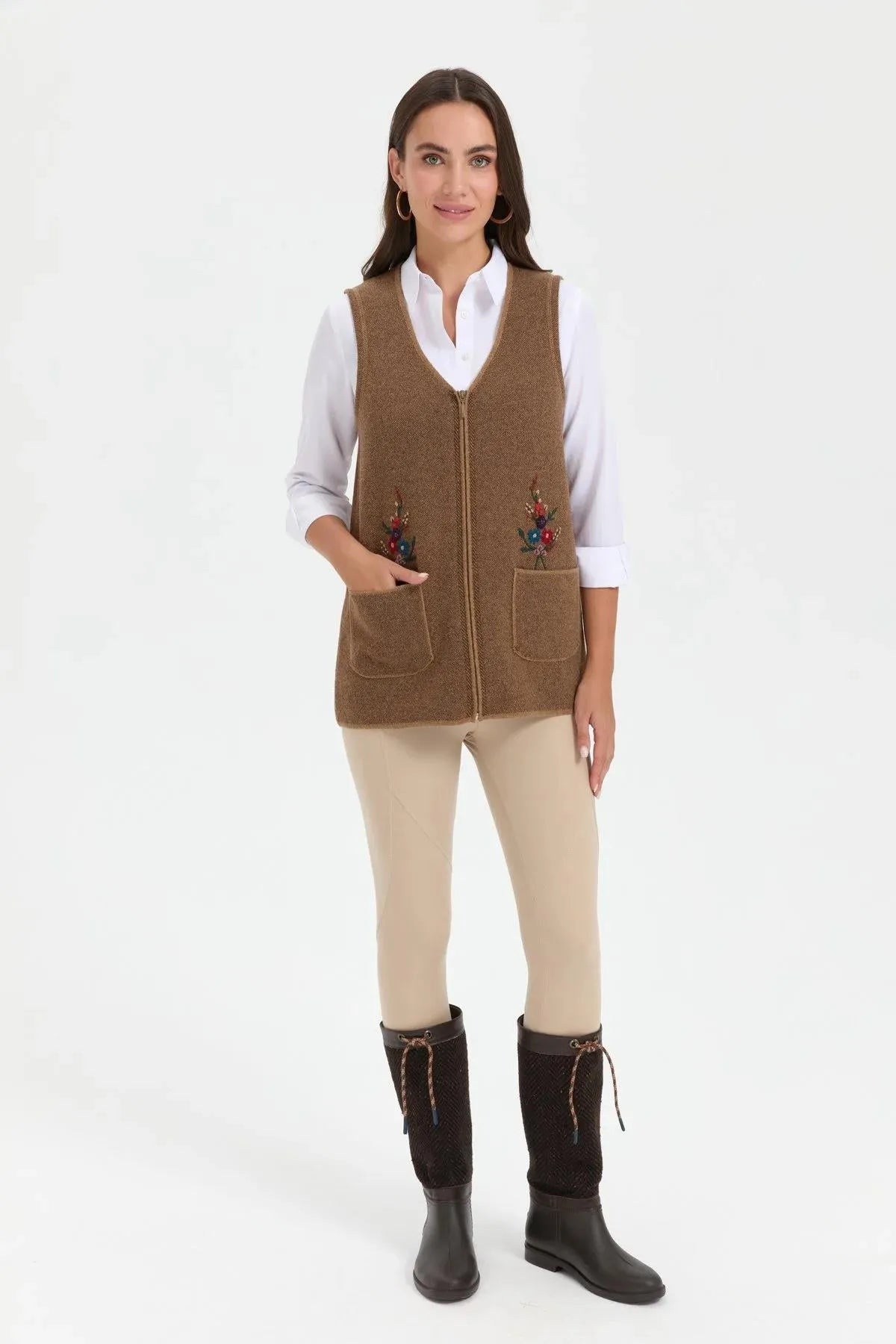 Women's V Neck Pocket Embroidered Wool Vest 