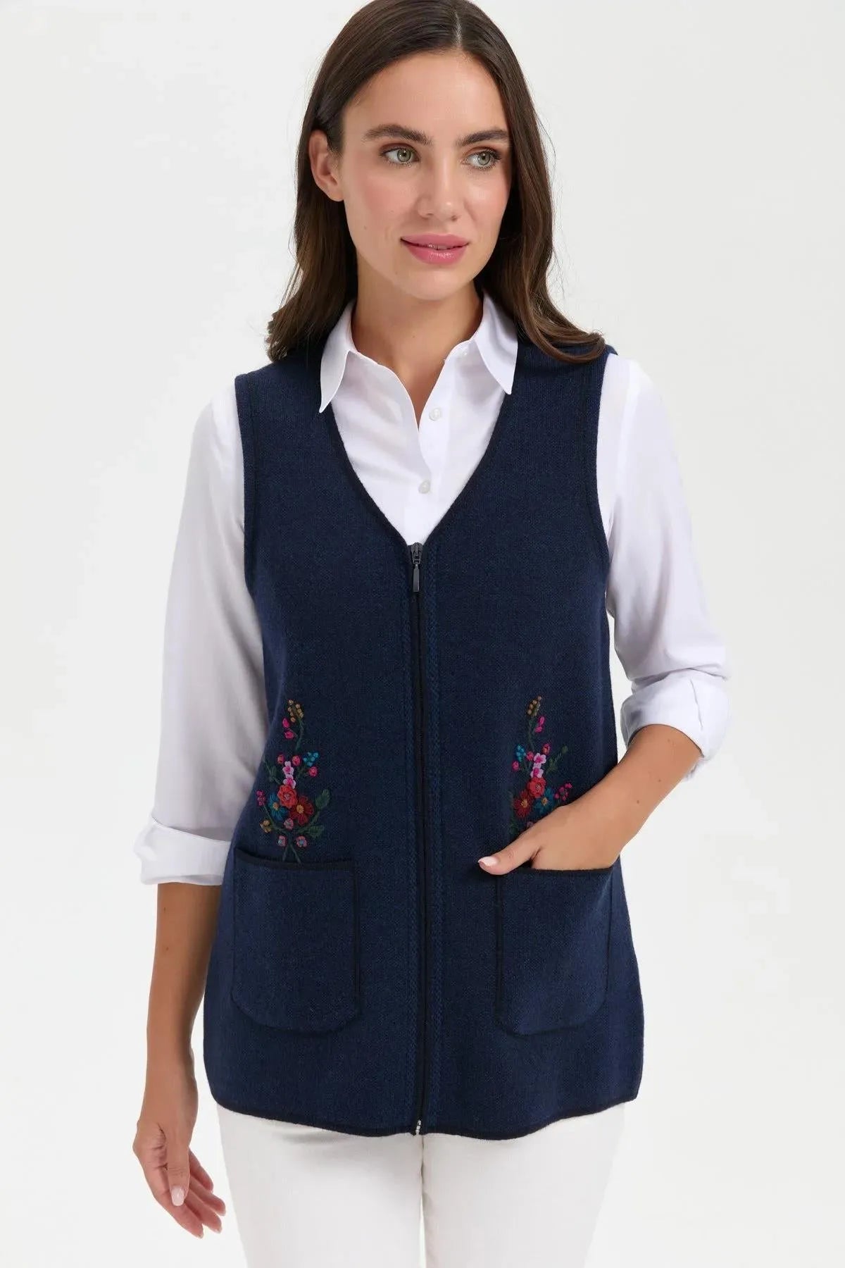 Women's V Neck Pocket Embroidered Wool Vest 