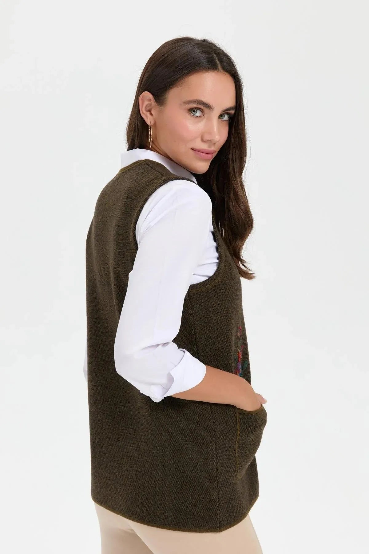 Women's V Neck Pocket Embroidered Wool Vest 