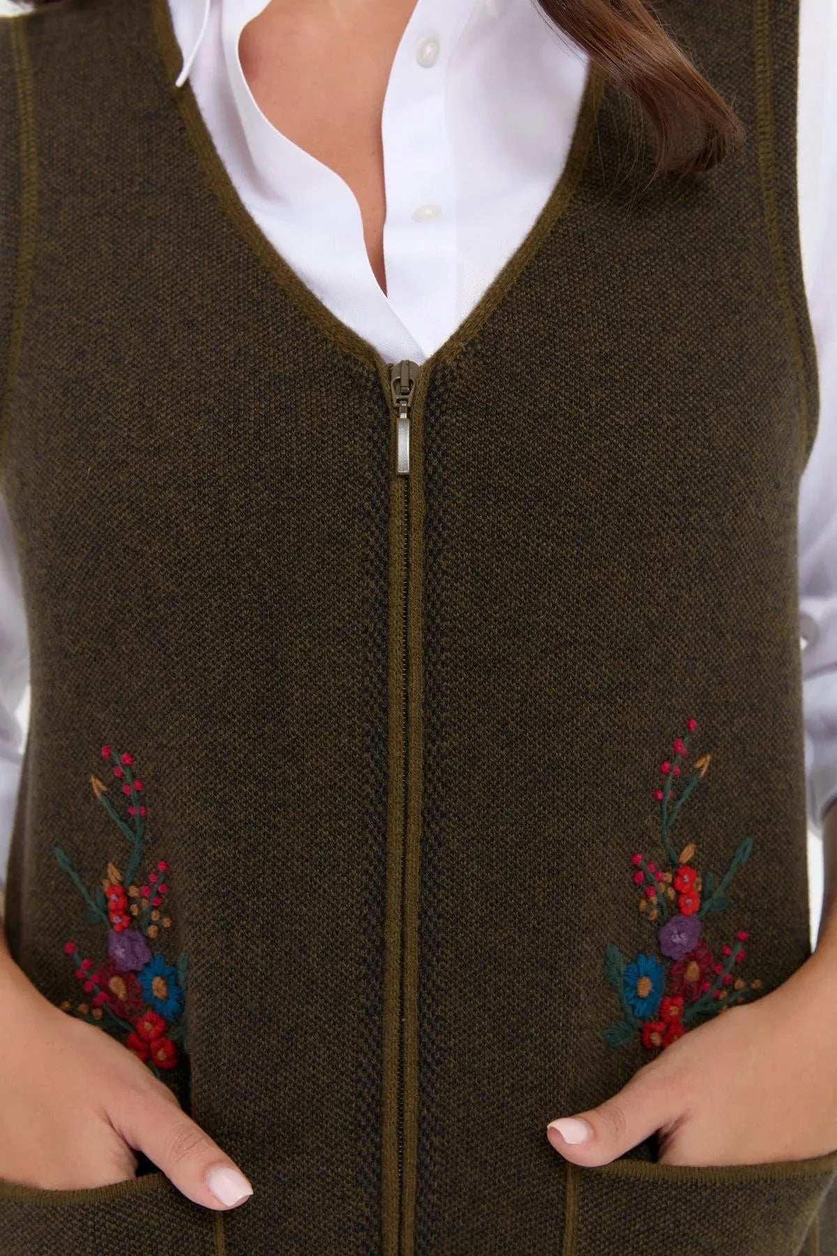 Women's V Neck Pocket Embroidered Wool Vest 