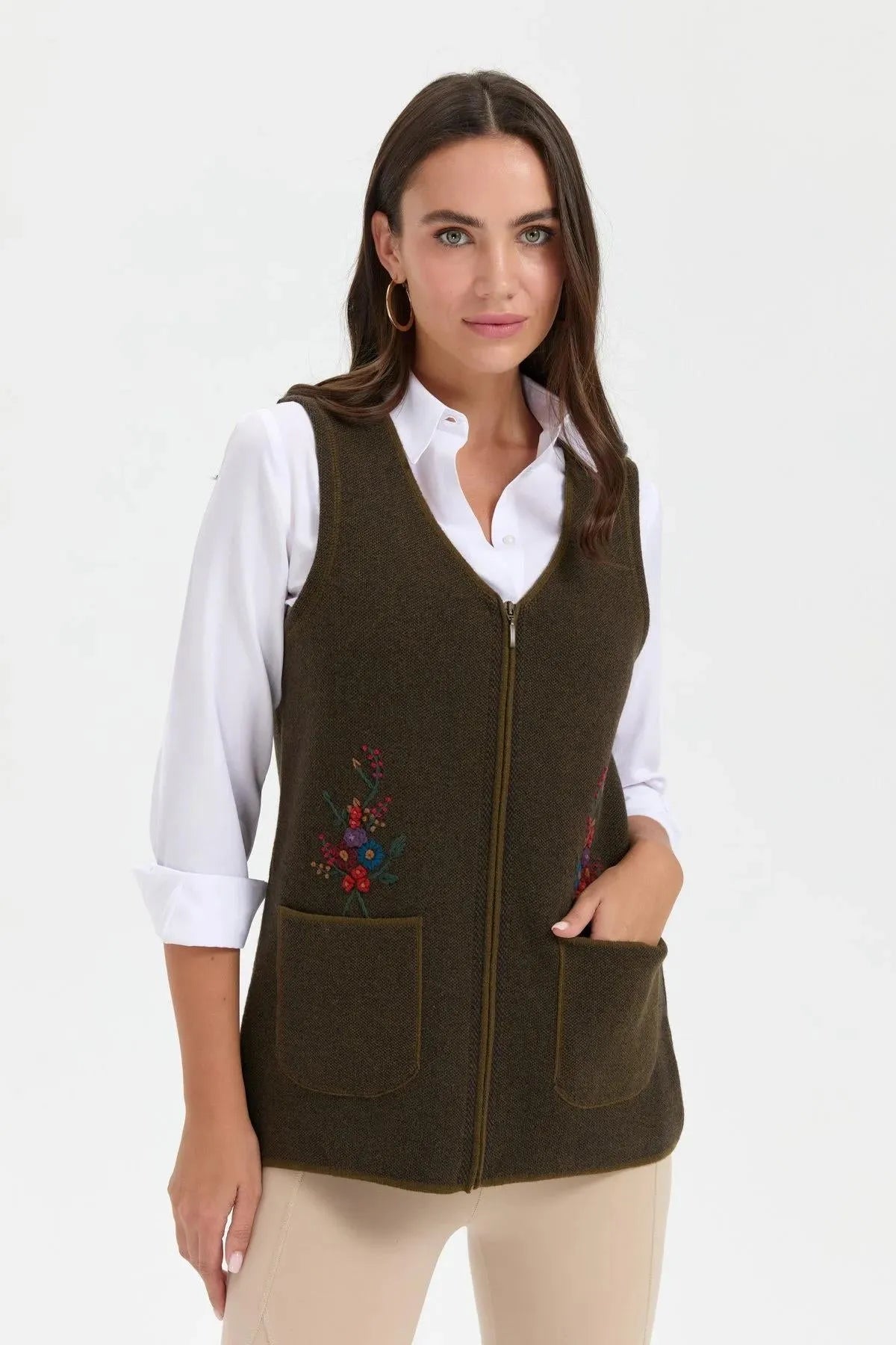 Women's V Neck Pocket Embroidered Wool Vest 