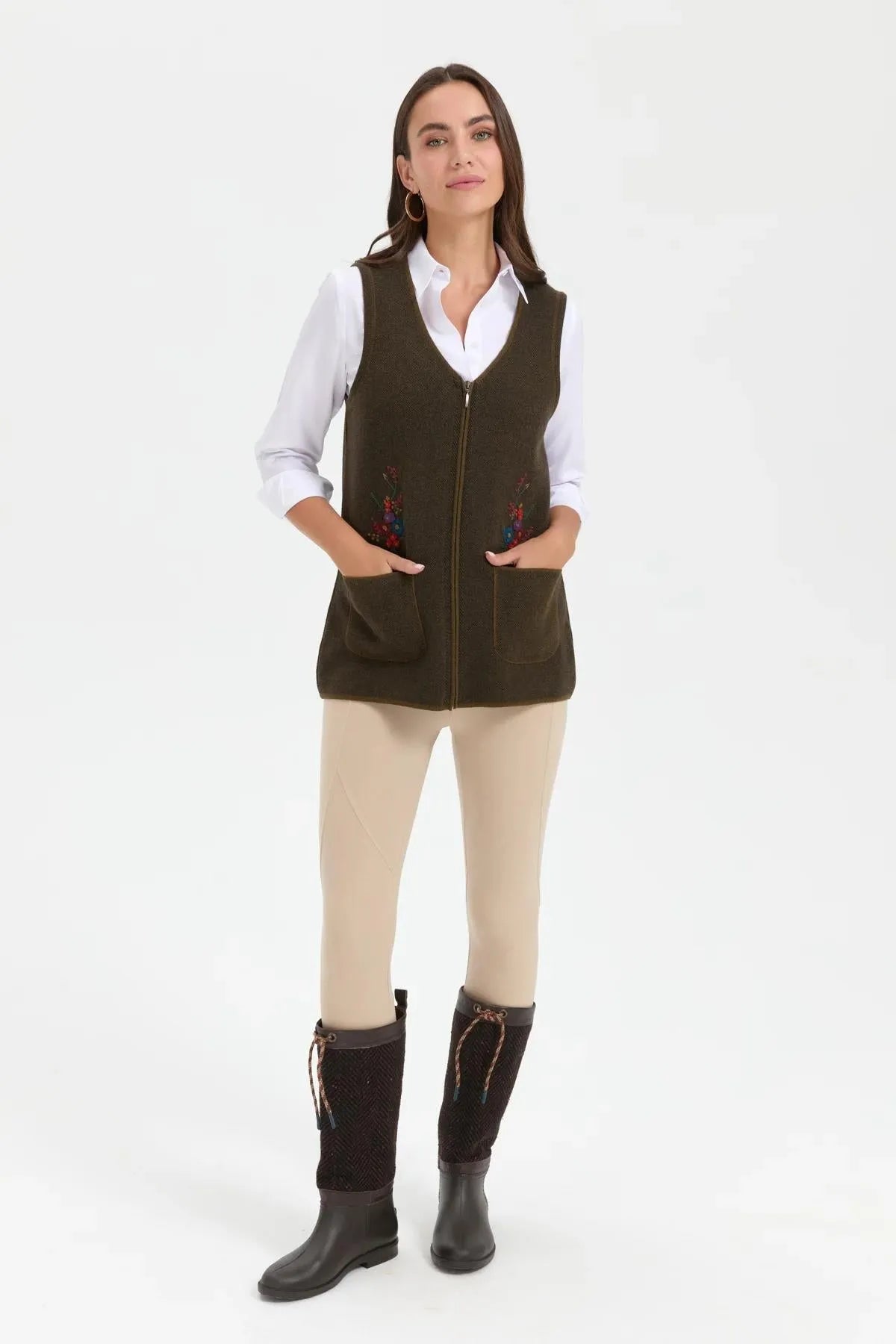 Women's V Neck Pocket Embroidered Wool Vest 