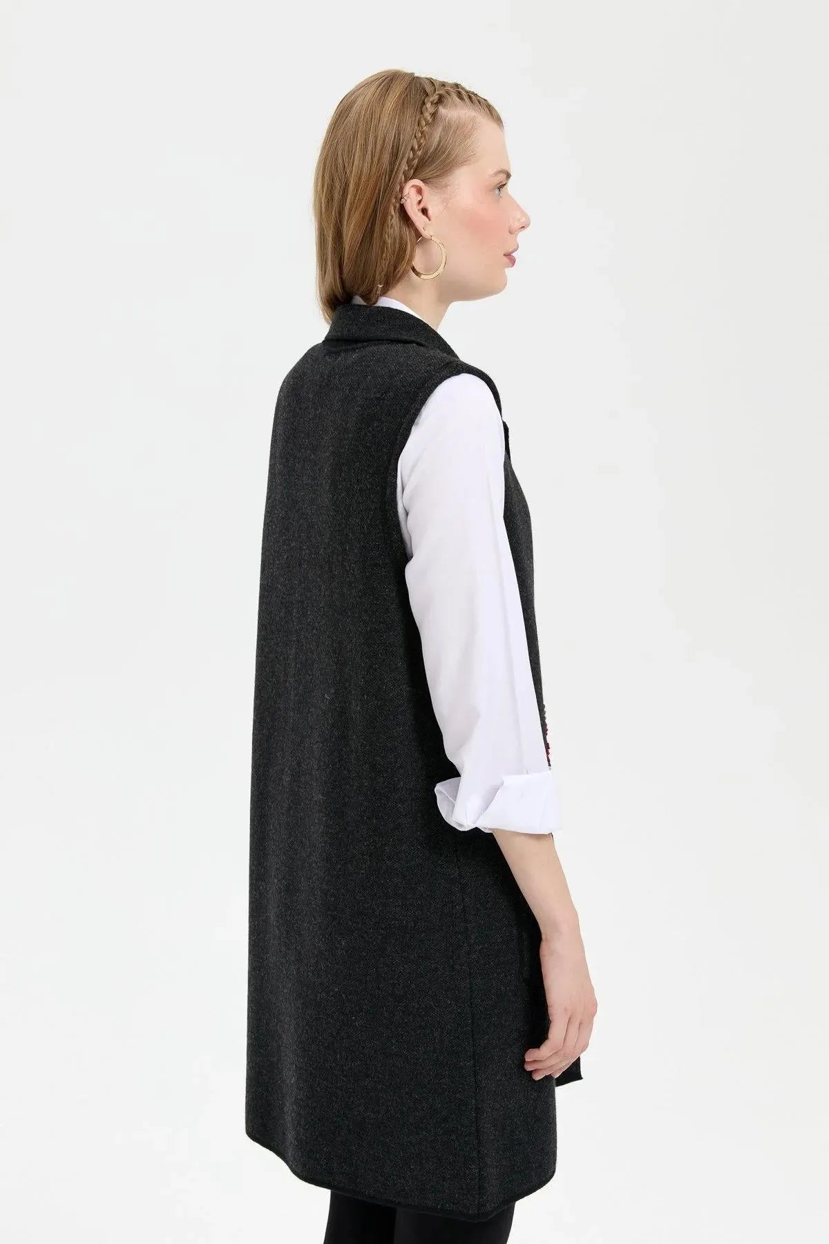 Women's Polo Collar Open Front Embroidered Long Wool Vest 