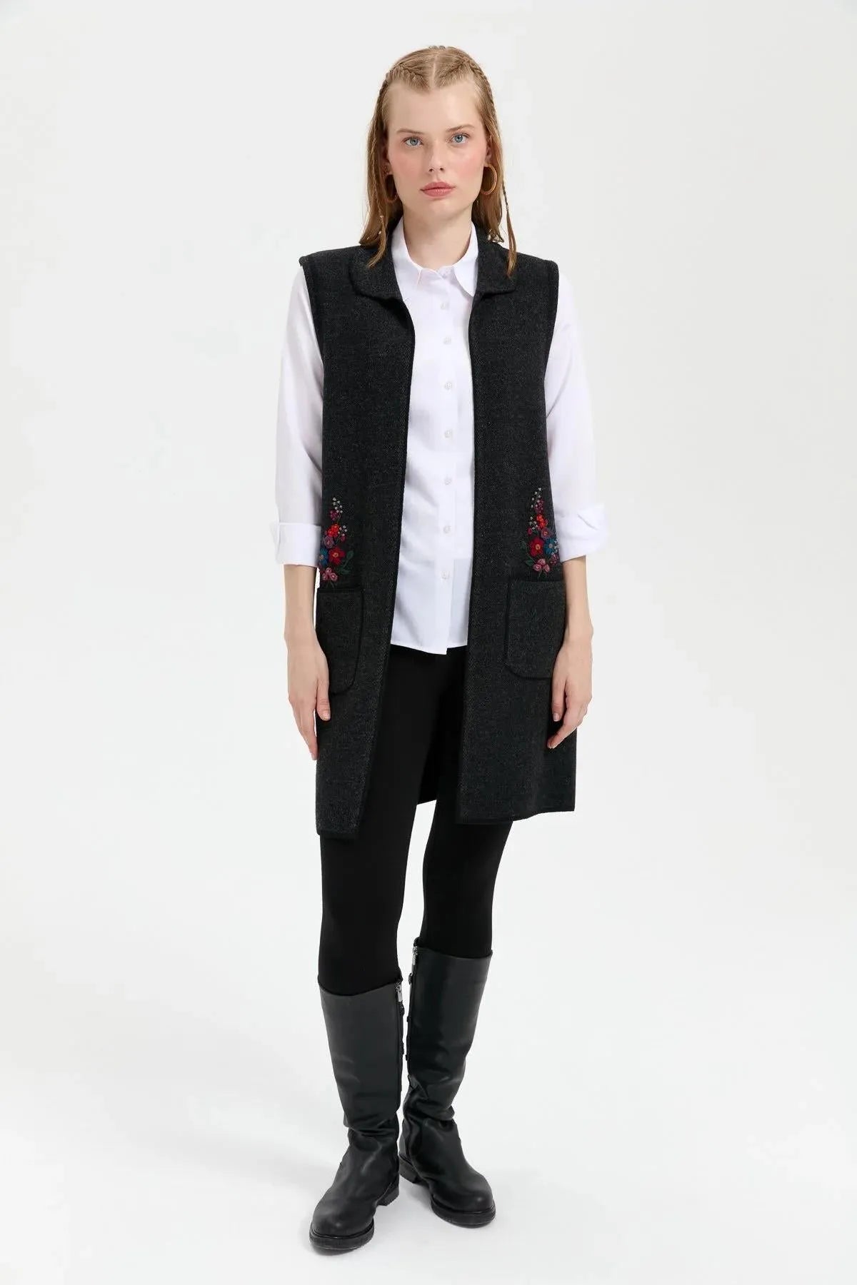 Women's Polo Collar Open Front Embroidered Long Wool Vest 