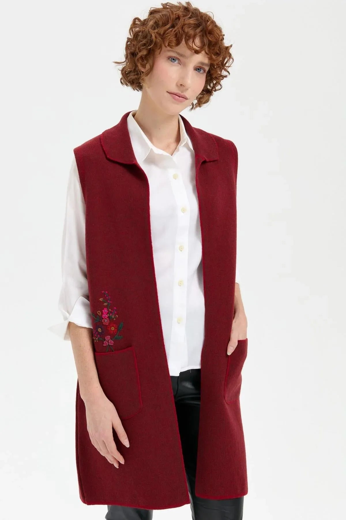 Women's Polo Collar Open Front Embroidered Long Wool Vest 