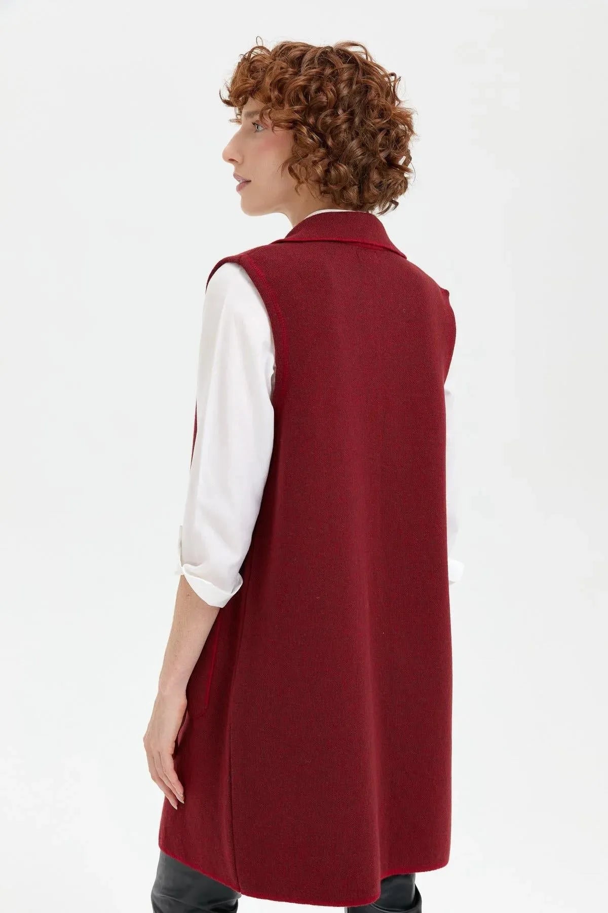 Women's Polo Collar Open Front Embroidered Long Wool Vest 