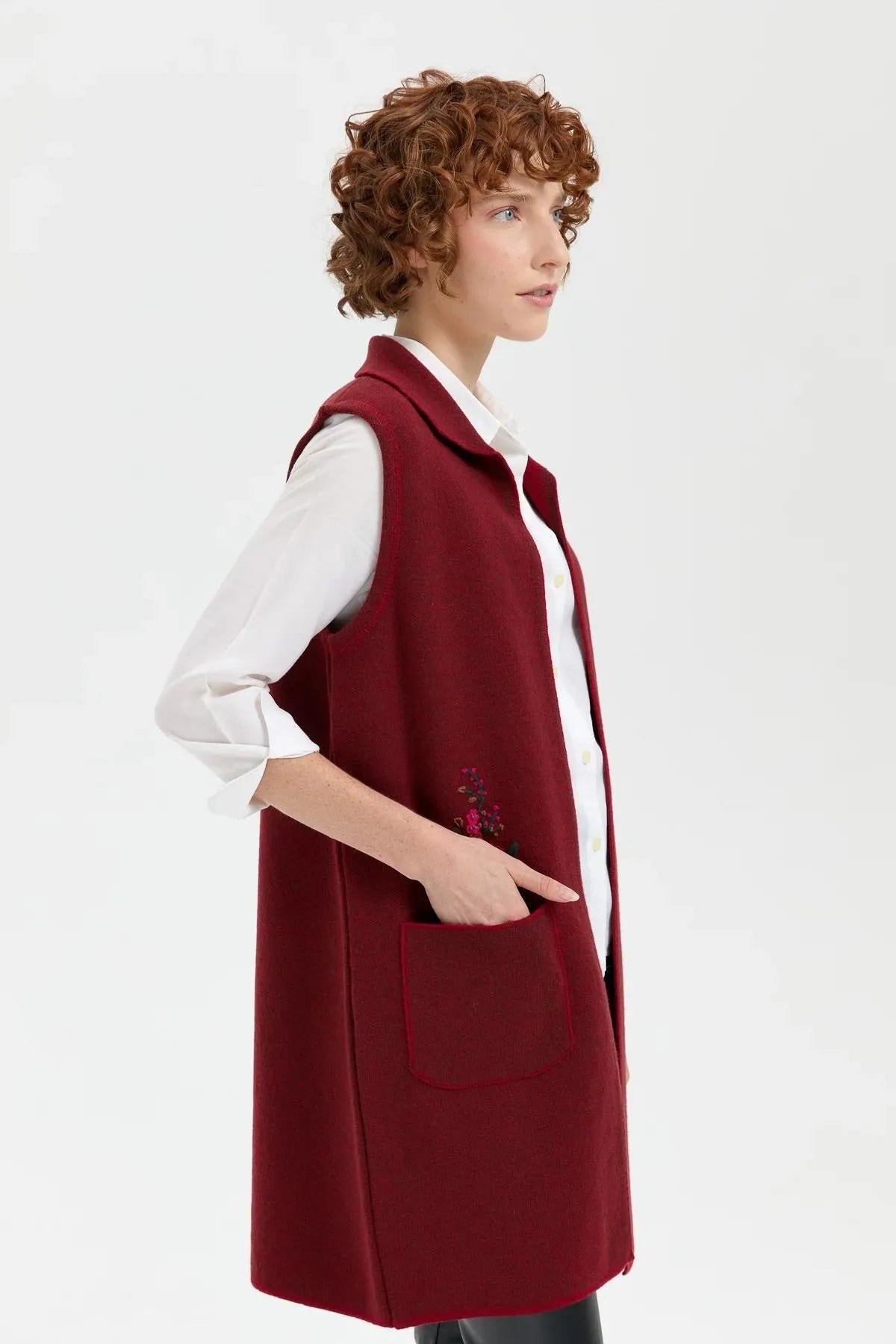 Women's Polo Collar Open Front Embroidered Long Wool Vest 