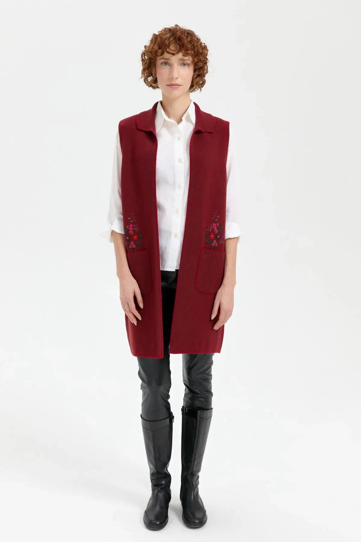 Women's Polo Collar Open Front Embroidered Long Wool Vest 