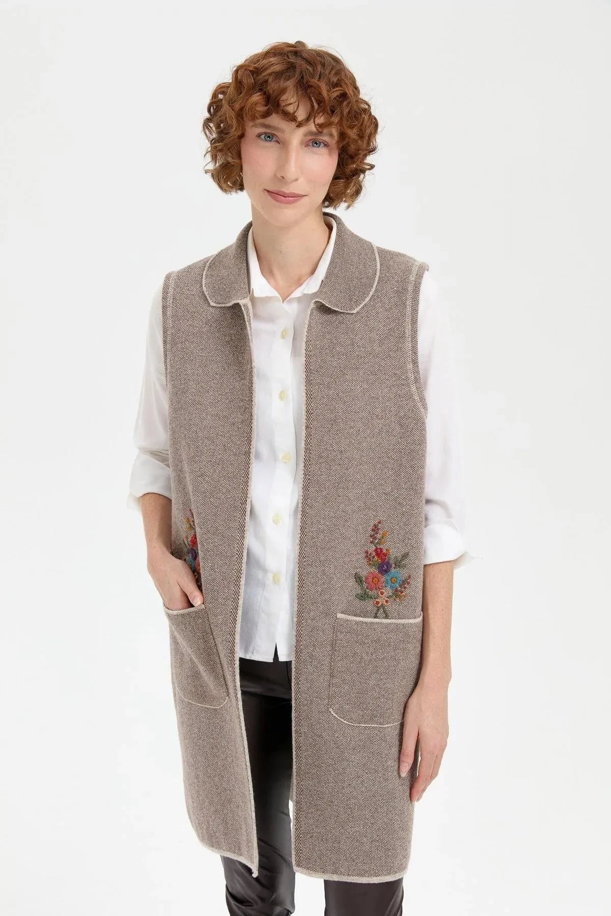 Women's Polo Collar Open Front Embroidered Long Wool Vest 