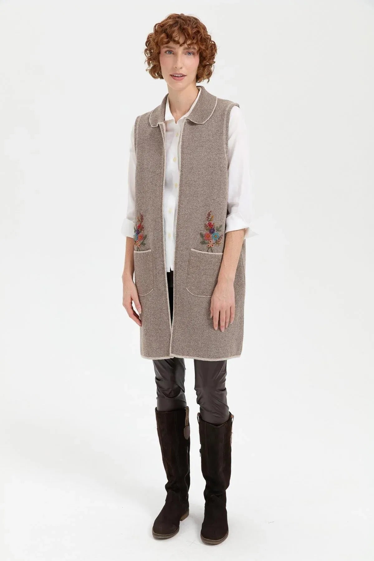 Women's Polo Collar Open Front Embroidered Long Wool Vest 