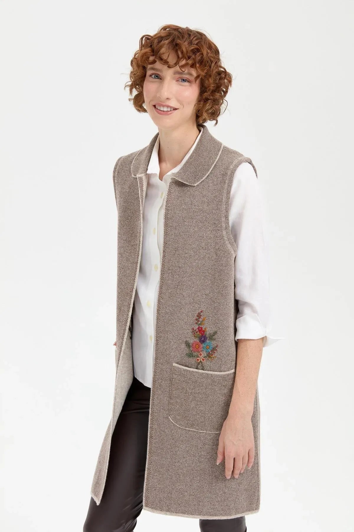 Women's Polo Collar Open Front Embroidered Long Wool Vest 