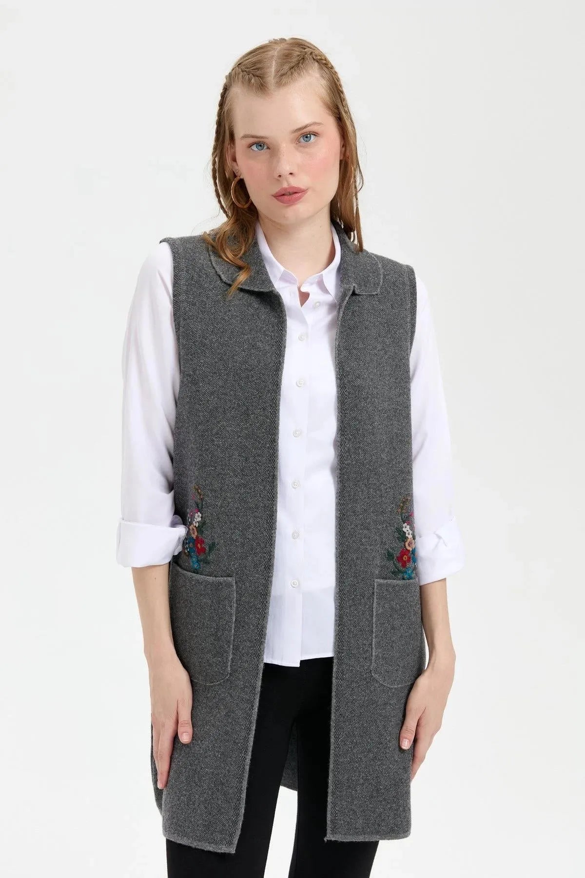 Women's Polo Collar Open Front Embroidered Long Wool Vest 