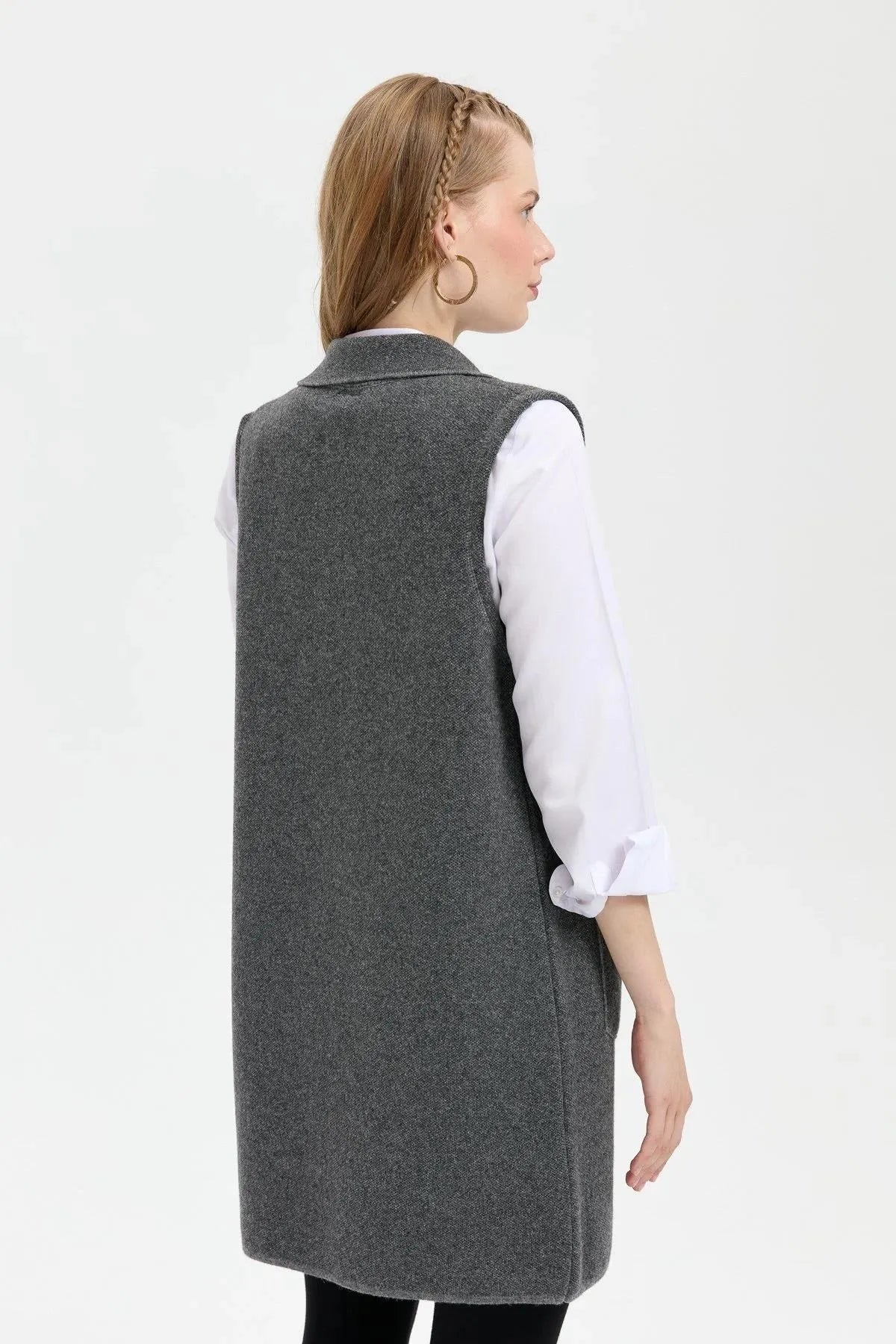 Women's Polo Collar Open Front Embroidered Long Wool Vest 